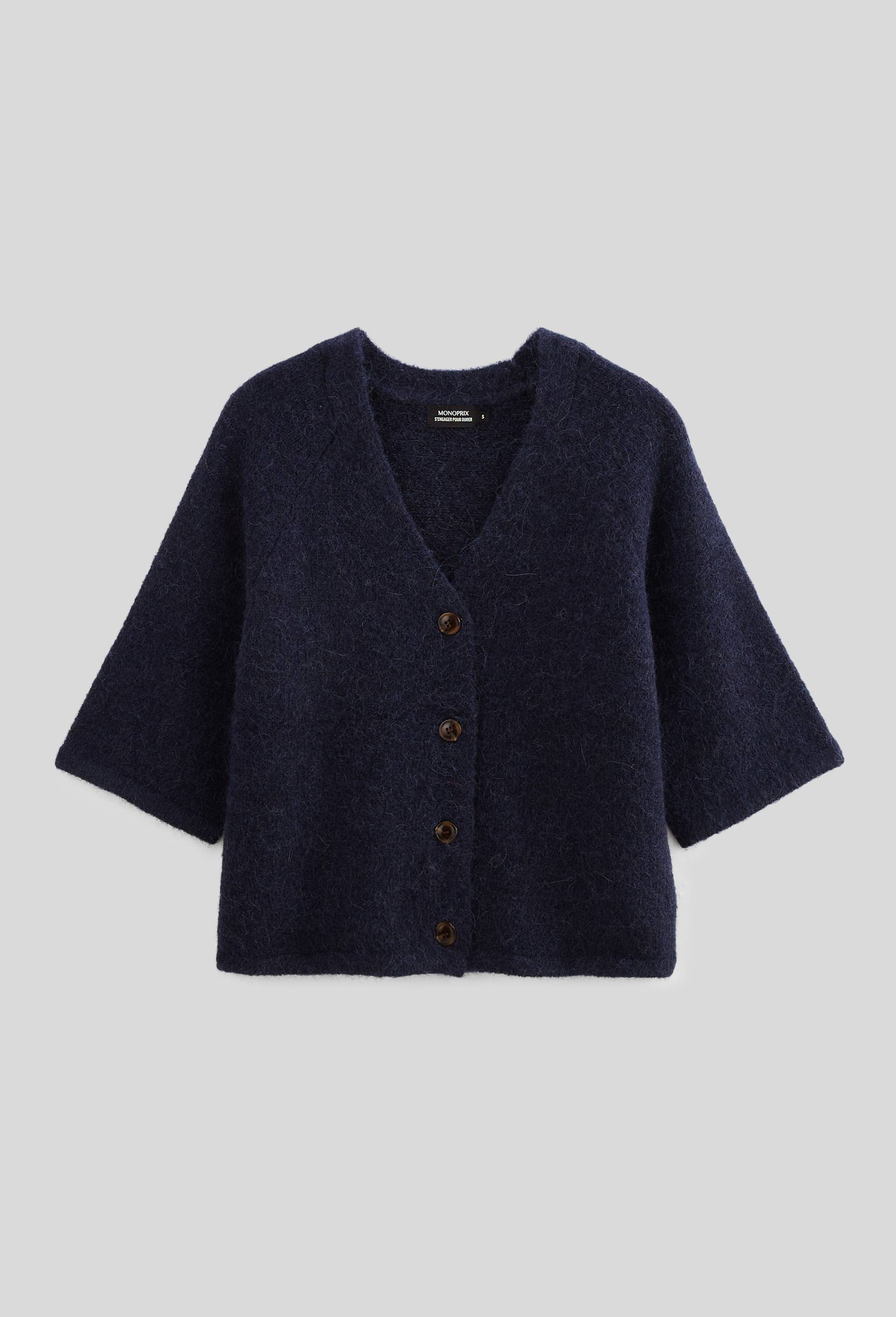 Cardigan manches coudes boutonné contenant de l'alpaga, Bleu foncé, large image number 3.0