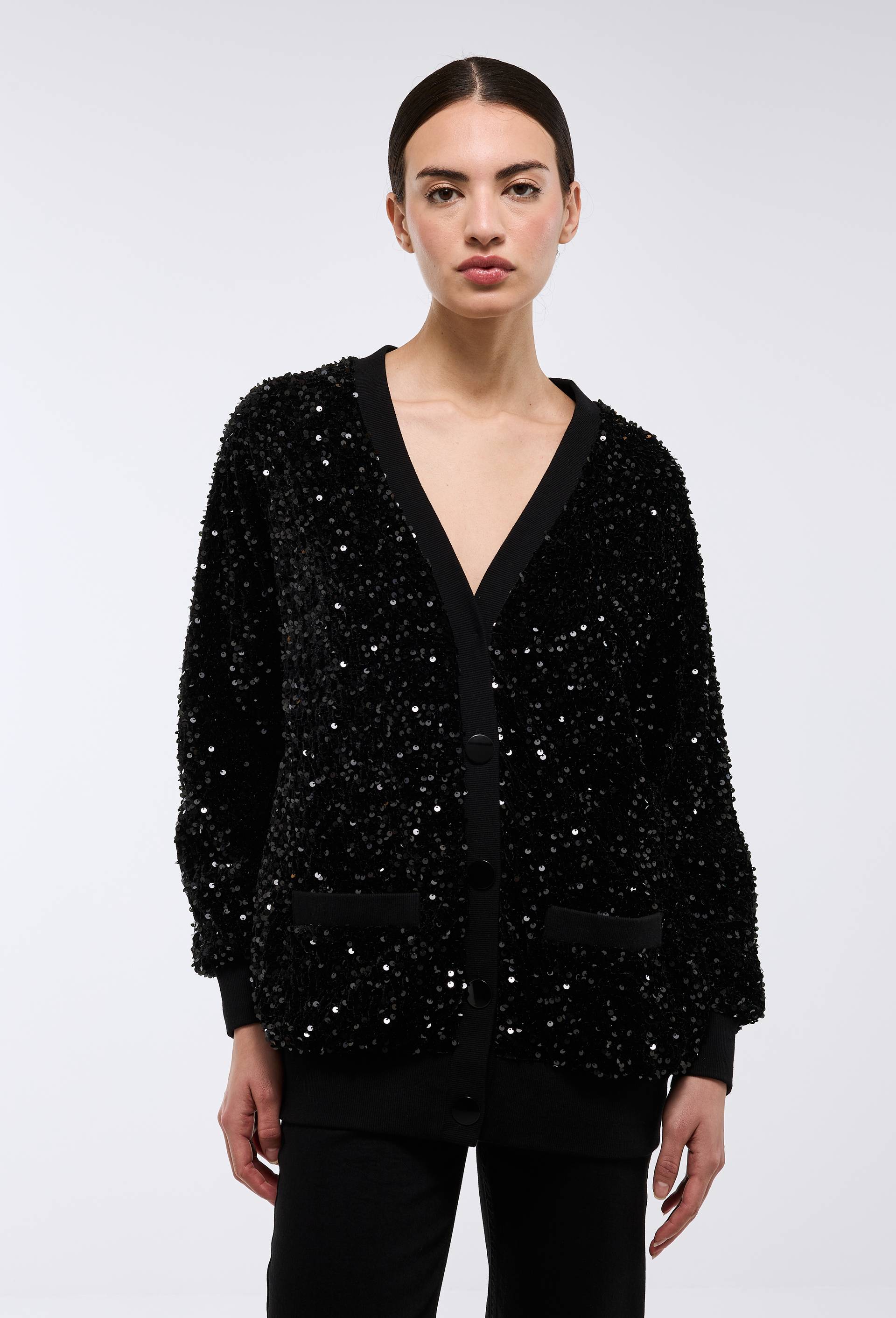 Cardigan boutonn&eacute; &agrave; sequins, Noir, large image number 1
