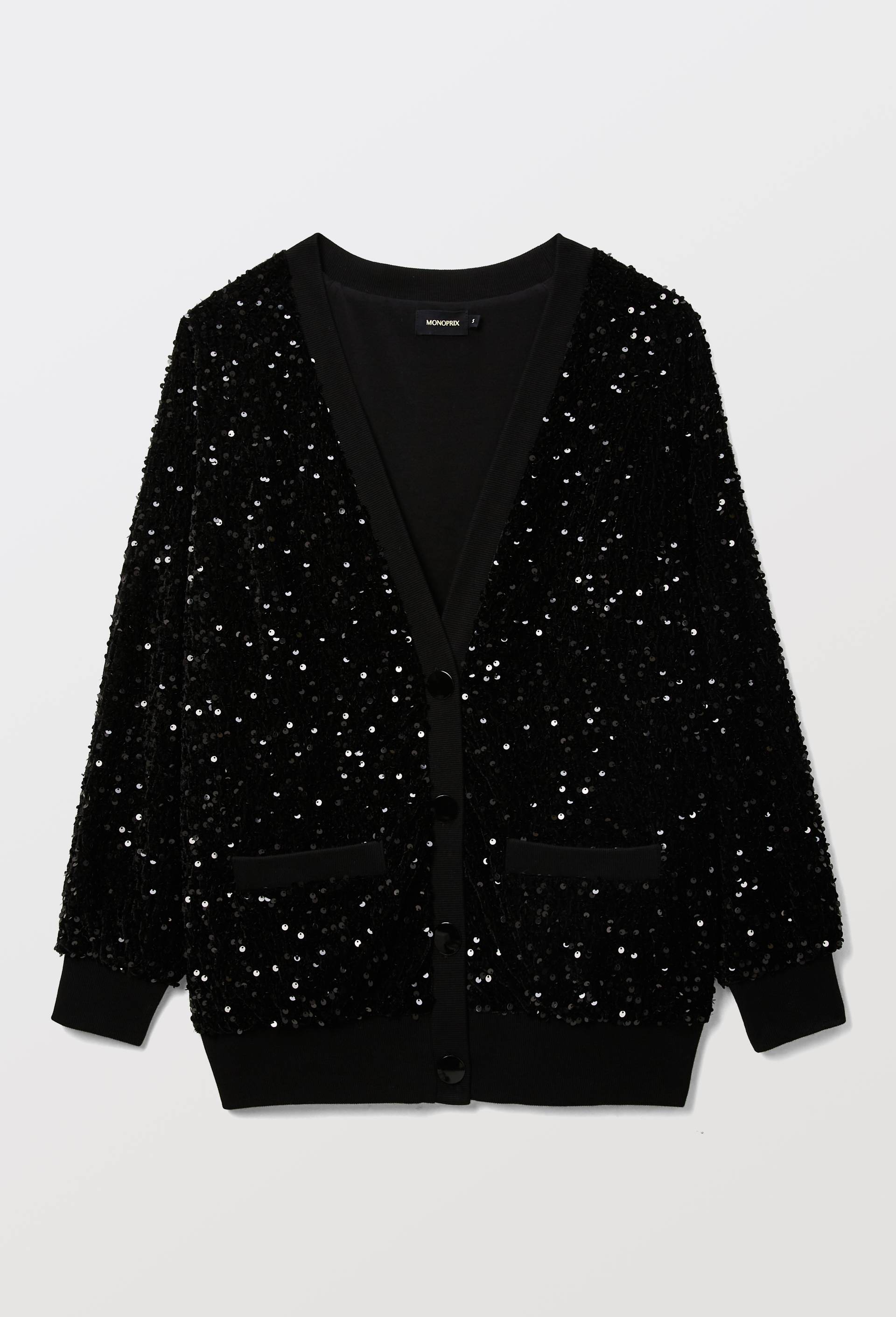 Cardigan boutonn&eacute; &agrave; sequins, Noir, large image number 3