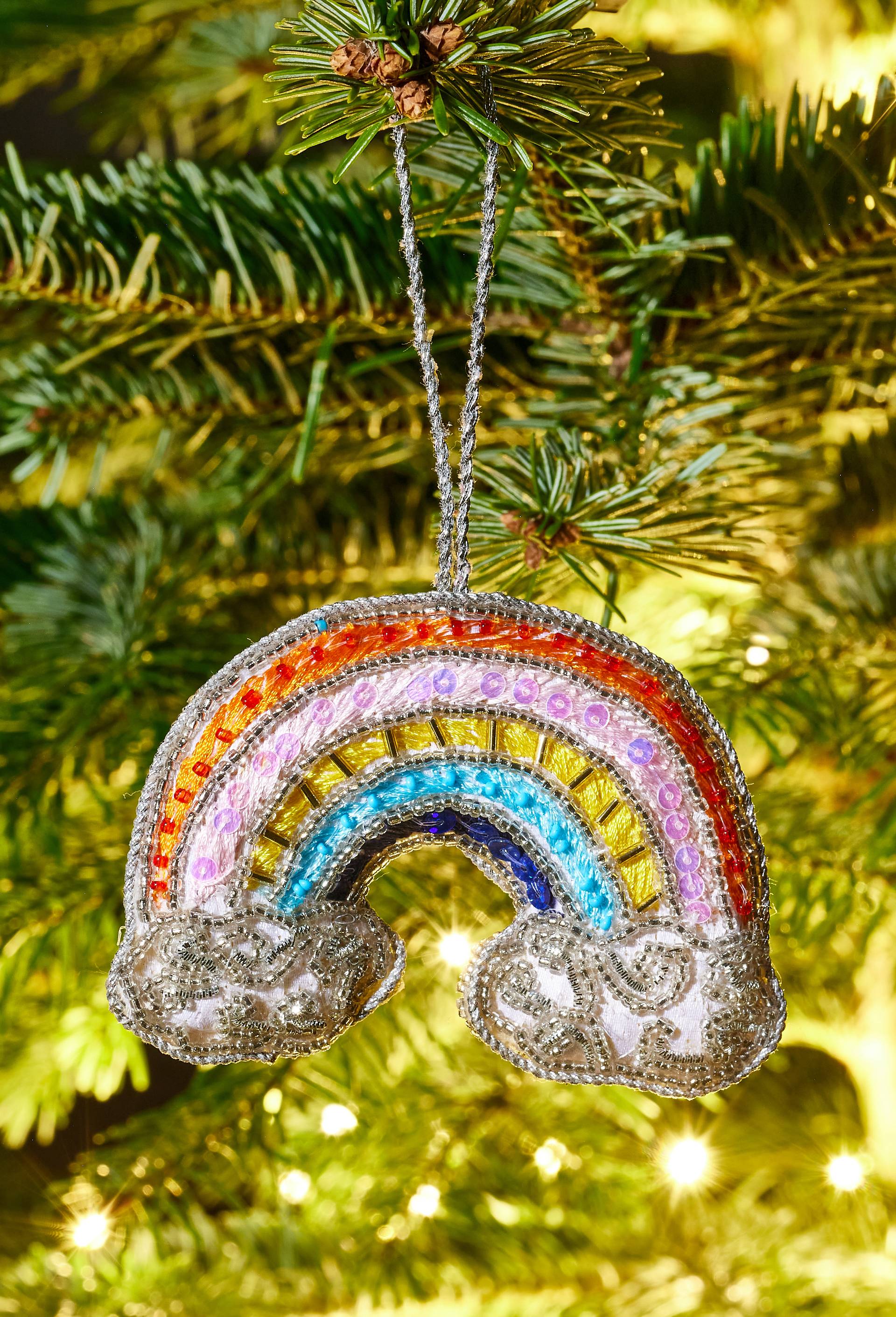 Ornement arc-en-ciel, 12cm, en tissu perl&eacute;, Multicolore, large image number 1