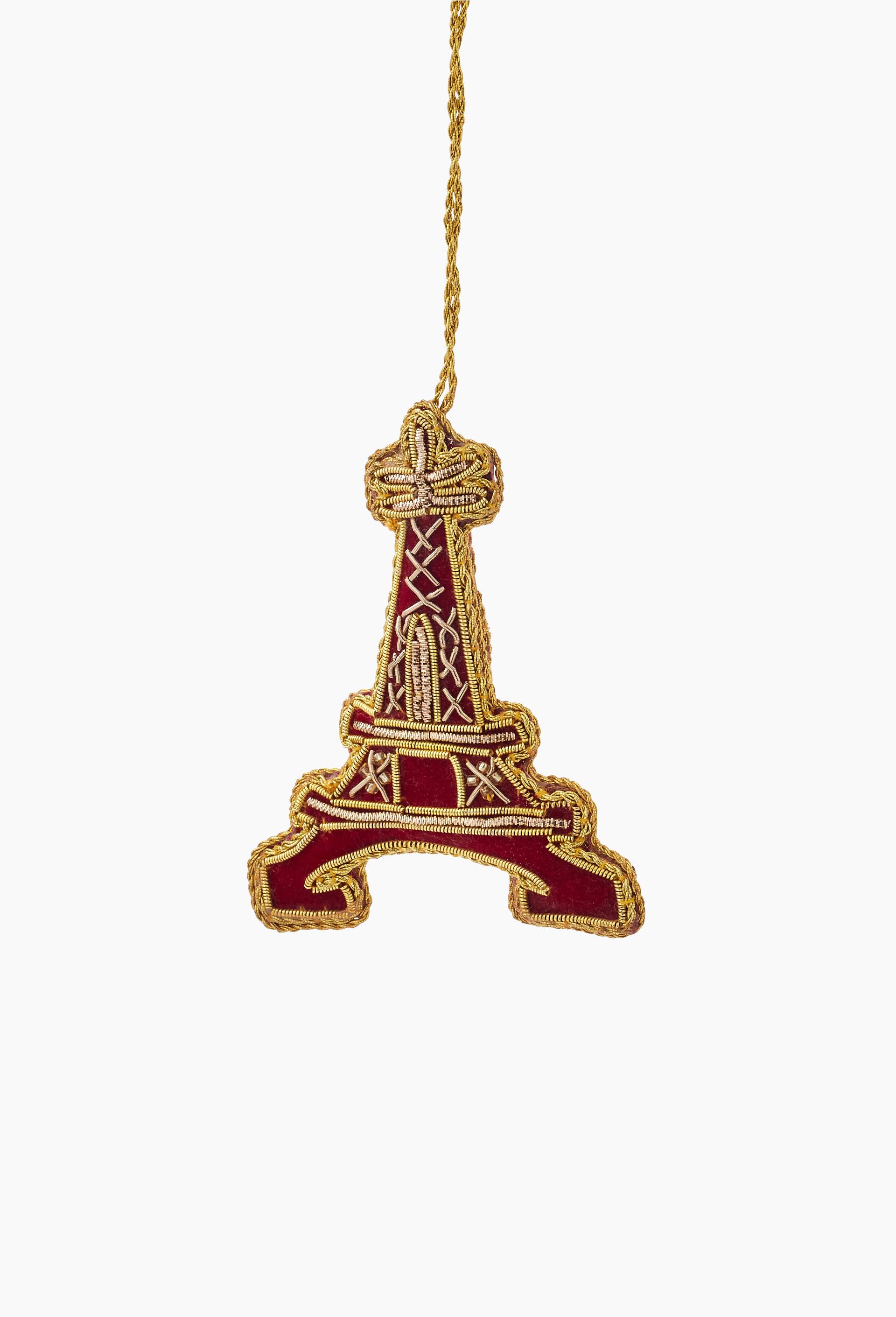 Ornement Tour Eiffel, 10cm, en tissu perl&eacute;, Rouge, large image number 0.0