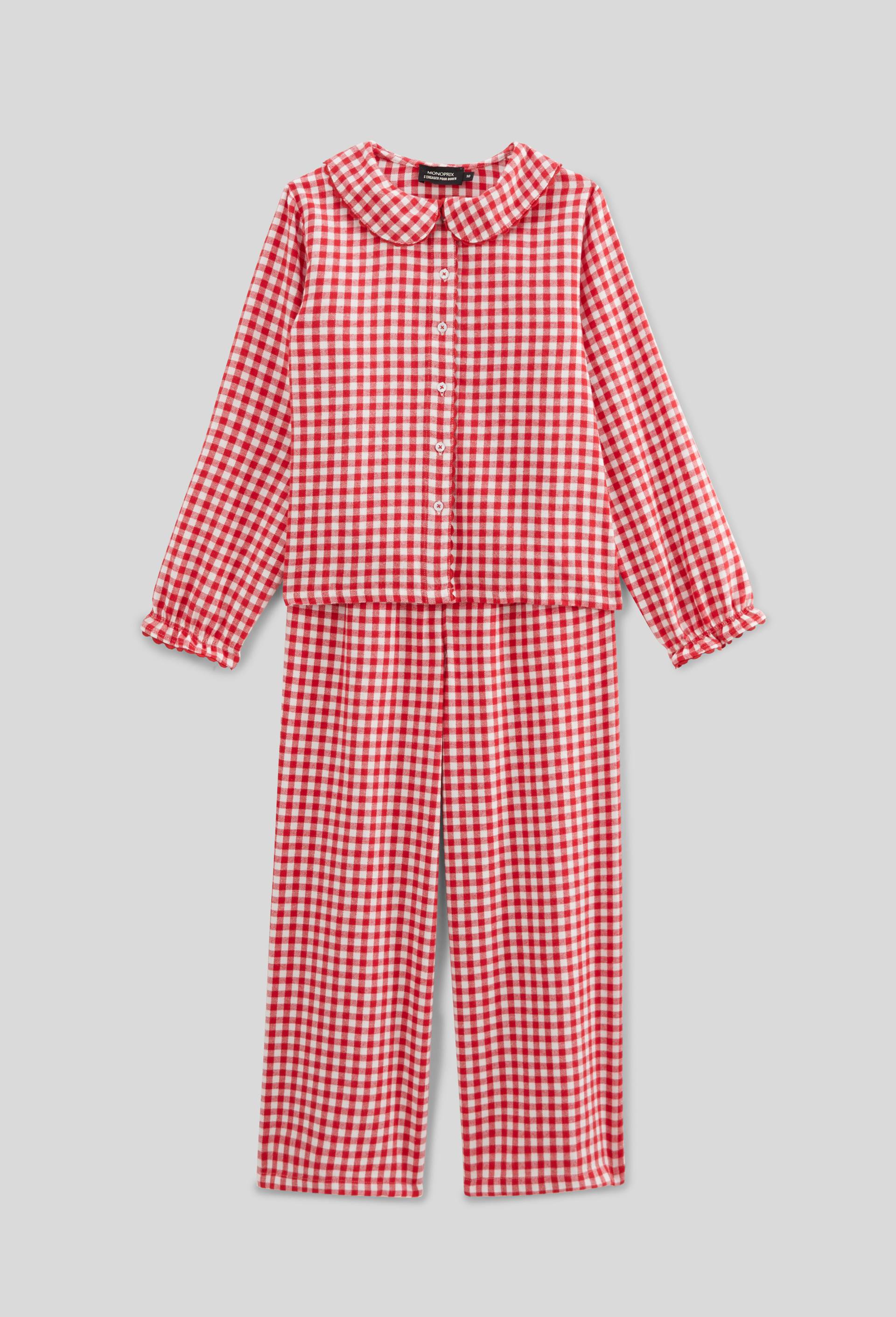 Pyjama manches longues col claudine &agrave; carreaux en coton, Rouge, large image number 0