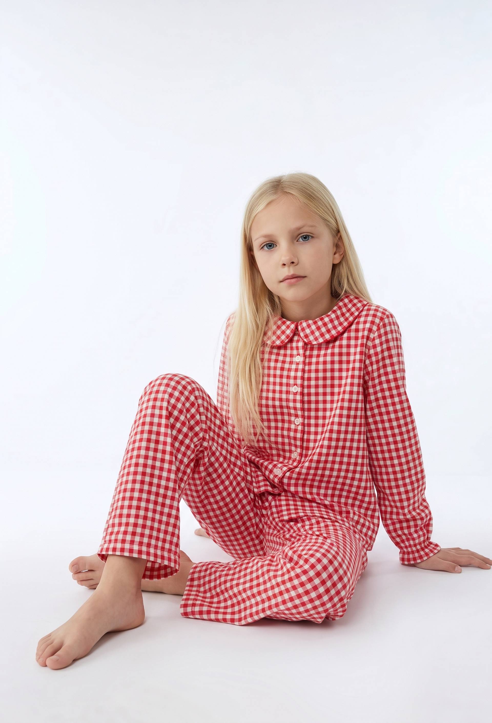 Pyjama manches longues col claudine &agrave; carreaux en coton, Rouge, large image number 1