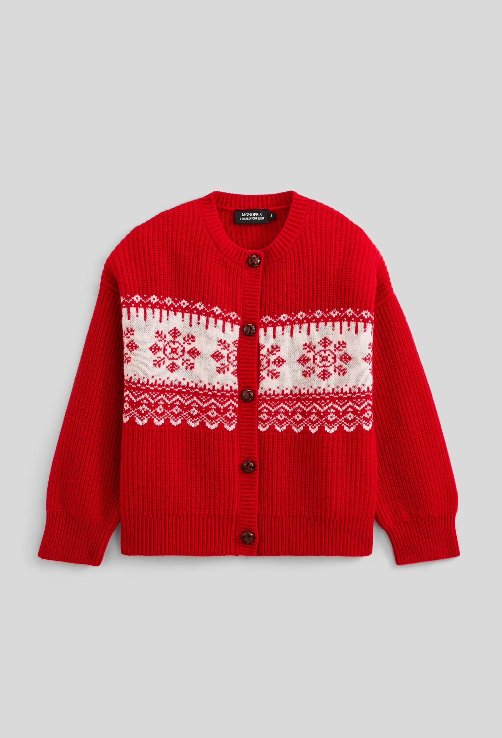 Cardigan &agrave; motifs en jacquard, Rouge, large image number 0.0