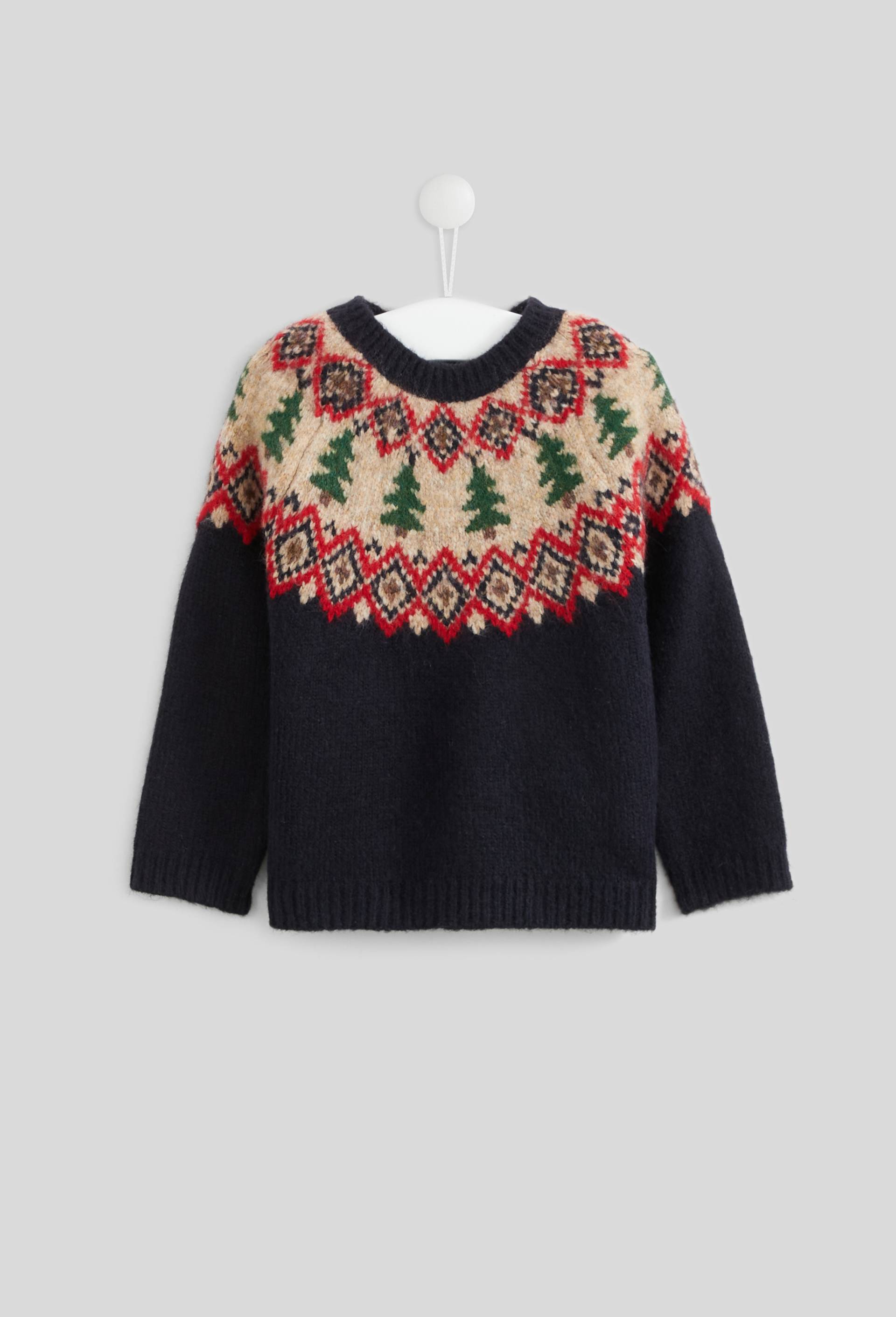 Pull manches longues col rond en jacquard avec motifs sapins, certifi&eacute; OEKO-TEX, Bleu fonc&eacute;, large image number 0.0