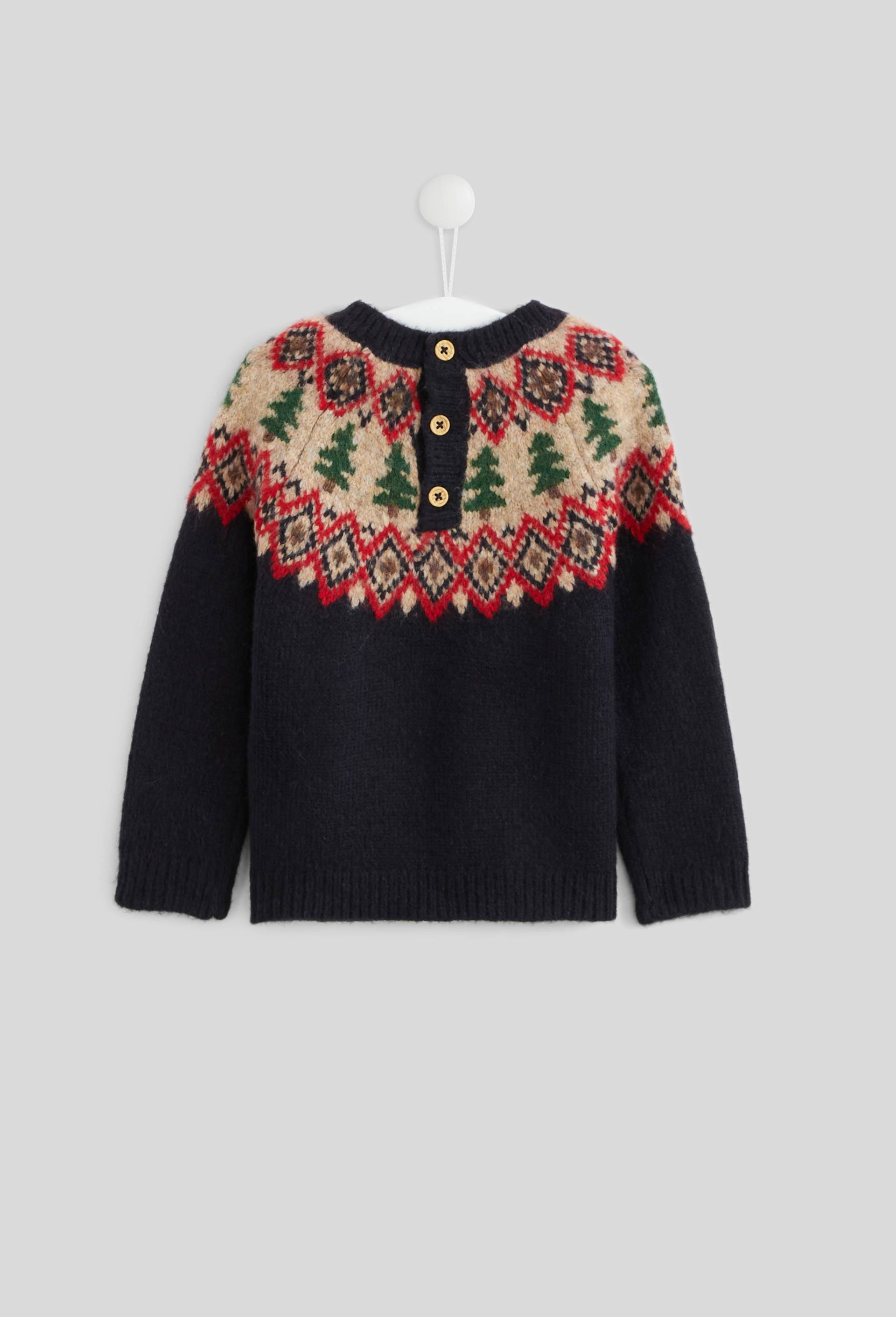 Pull manches longues col rond en jacquard avec motifs sapins, certifi&eacute; OEKO-TEX, Bleu fonc&eacute;, large image number 1