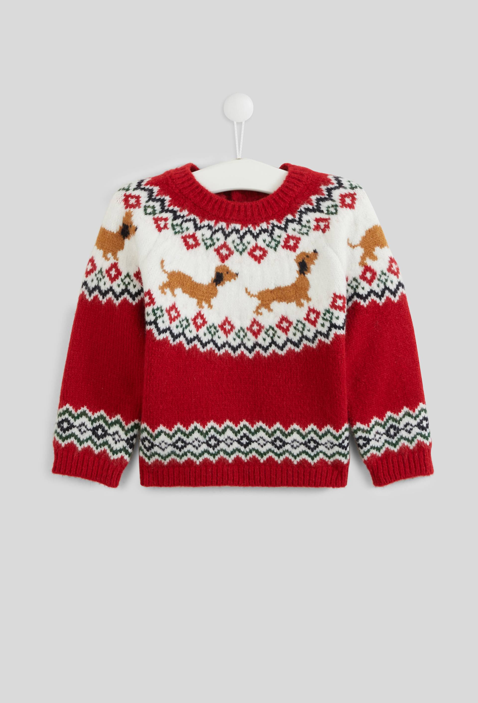 Pull manches longues col rond en jacquard avec motifs chiens, certifi&eacute; OEKO-TEX, Rouge, large image number 0.0