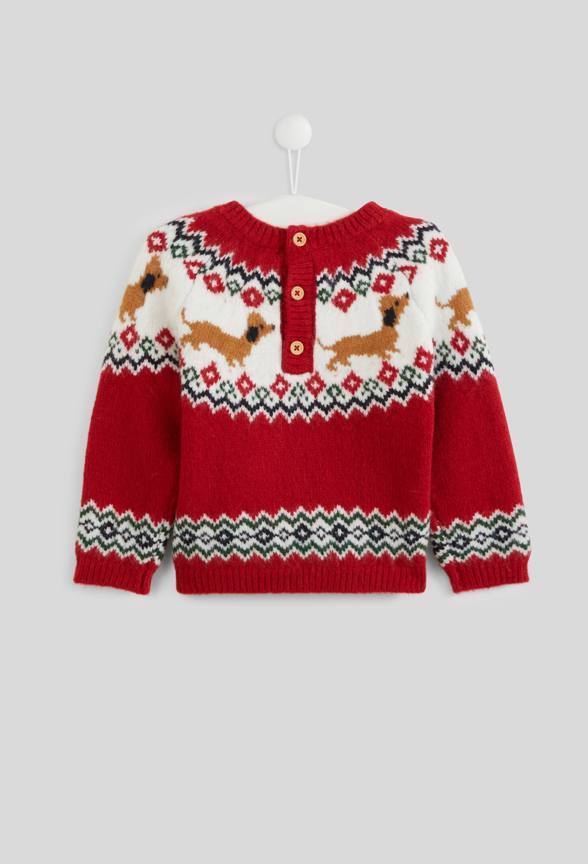 Pull manches longues col rond en jacquard avec motifs chiens, certifi&eacute; OEKO-TEX, Rouge, large image number 1