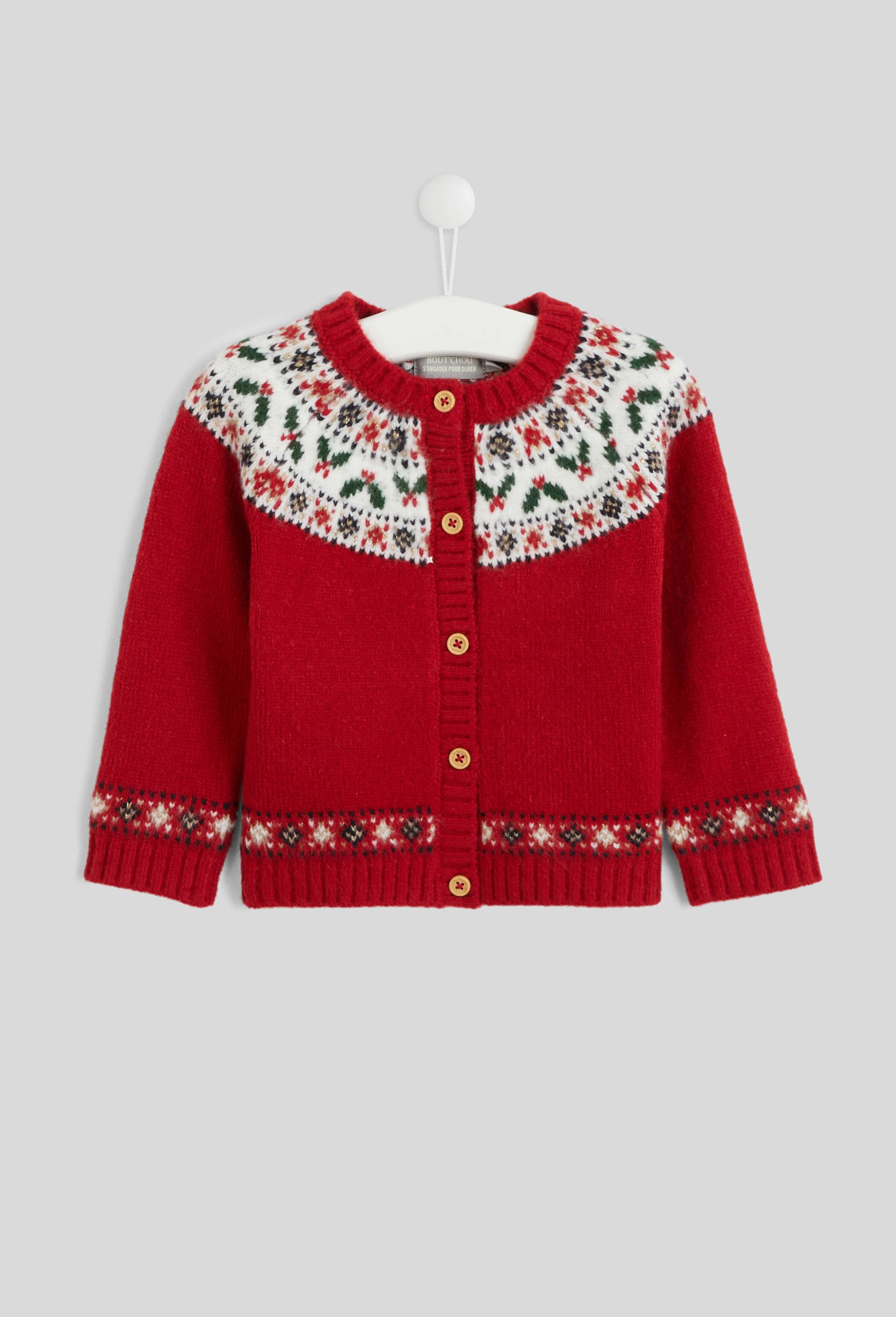 Cardigan manches longues col rond en jacquard, certifi&eacute; OEKO-TEX, Rouge, large image number 0