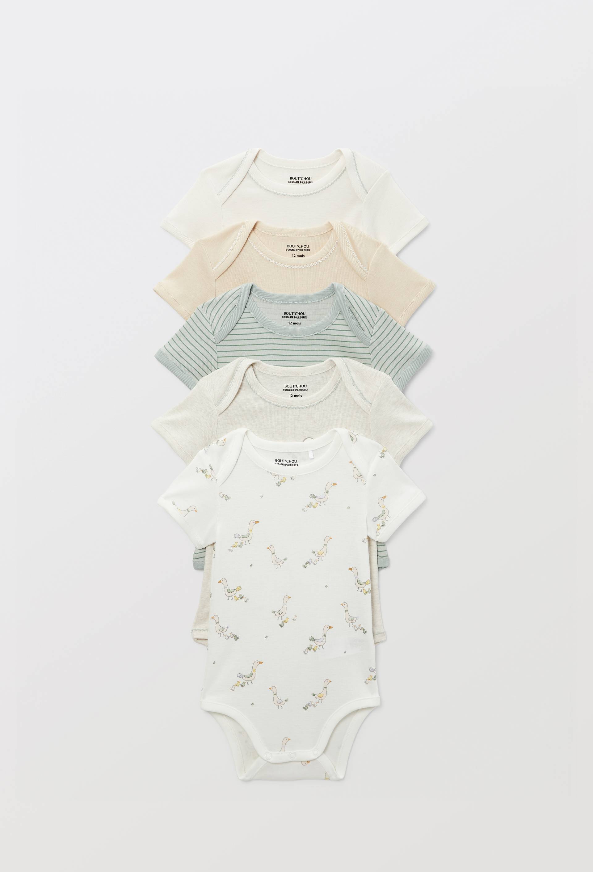 Lot de 5 bodies manches courtes imprim&eacute; en coton BIO GOTS, Ecru, large image number 0