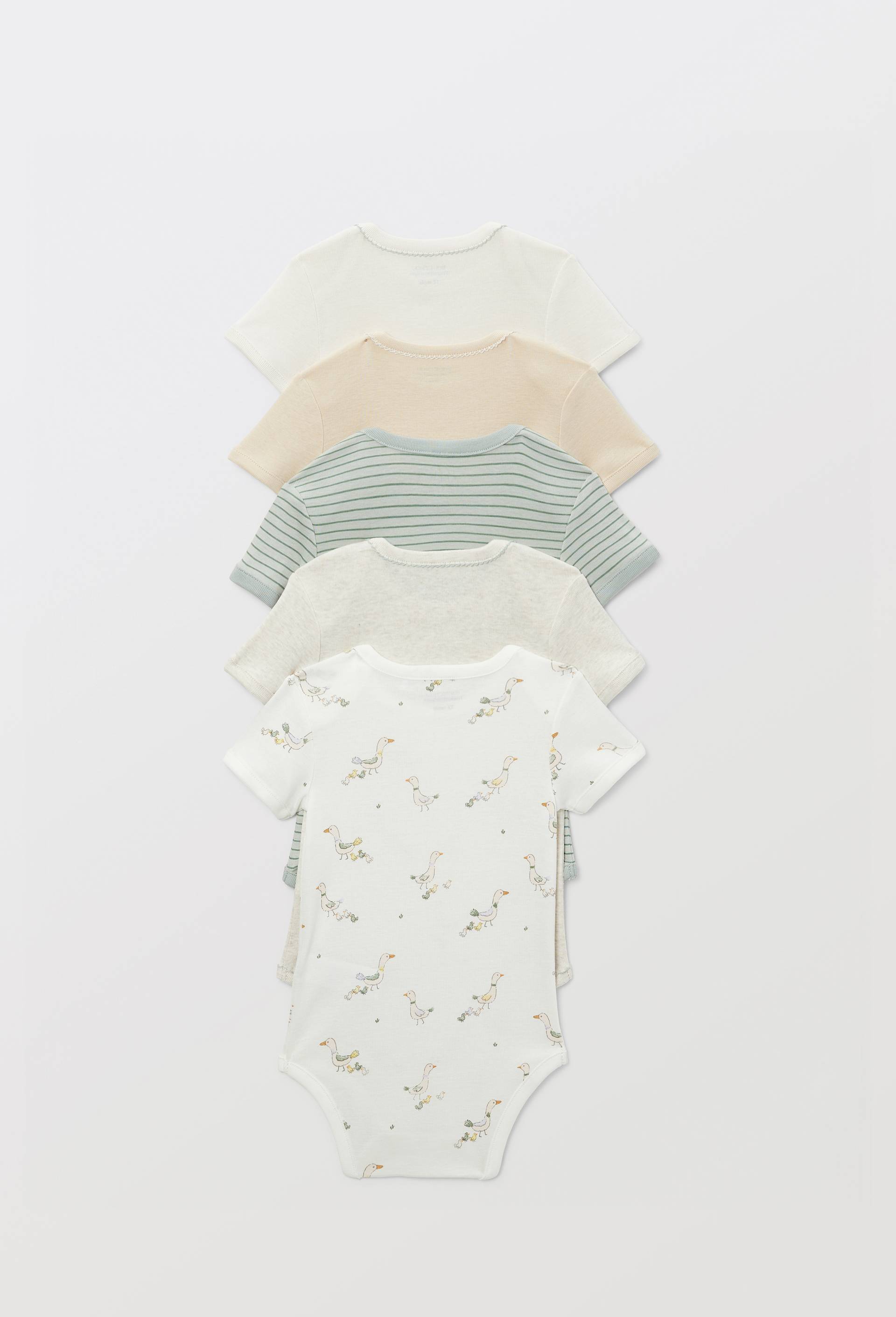 Lot de 5 bodies manches courtes imprim&eacute; en coton BIO GOTS, Ecru, large image number 1