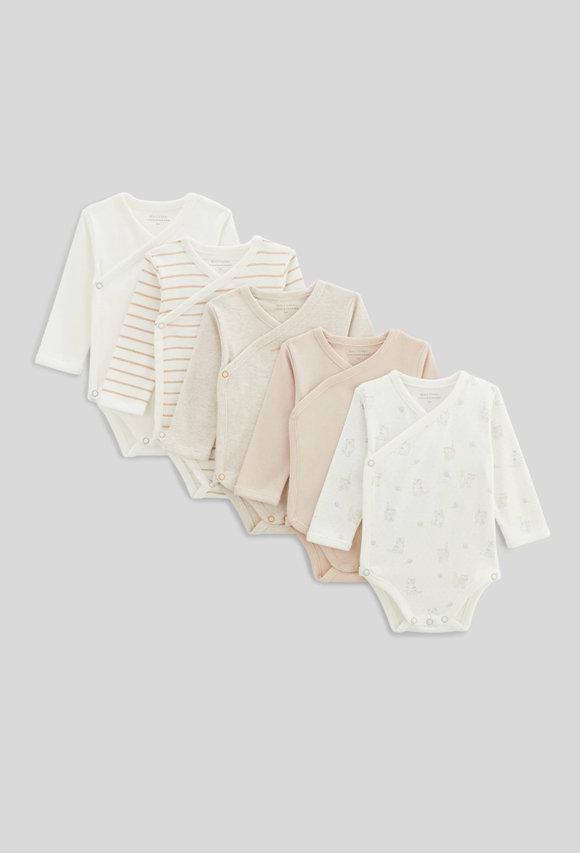Lot de 5 bodies croisés manches longues imprimé en coton BIO GOTS ECRU pour bébé BOUT'CHOU