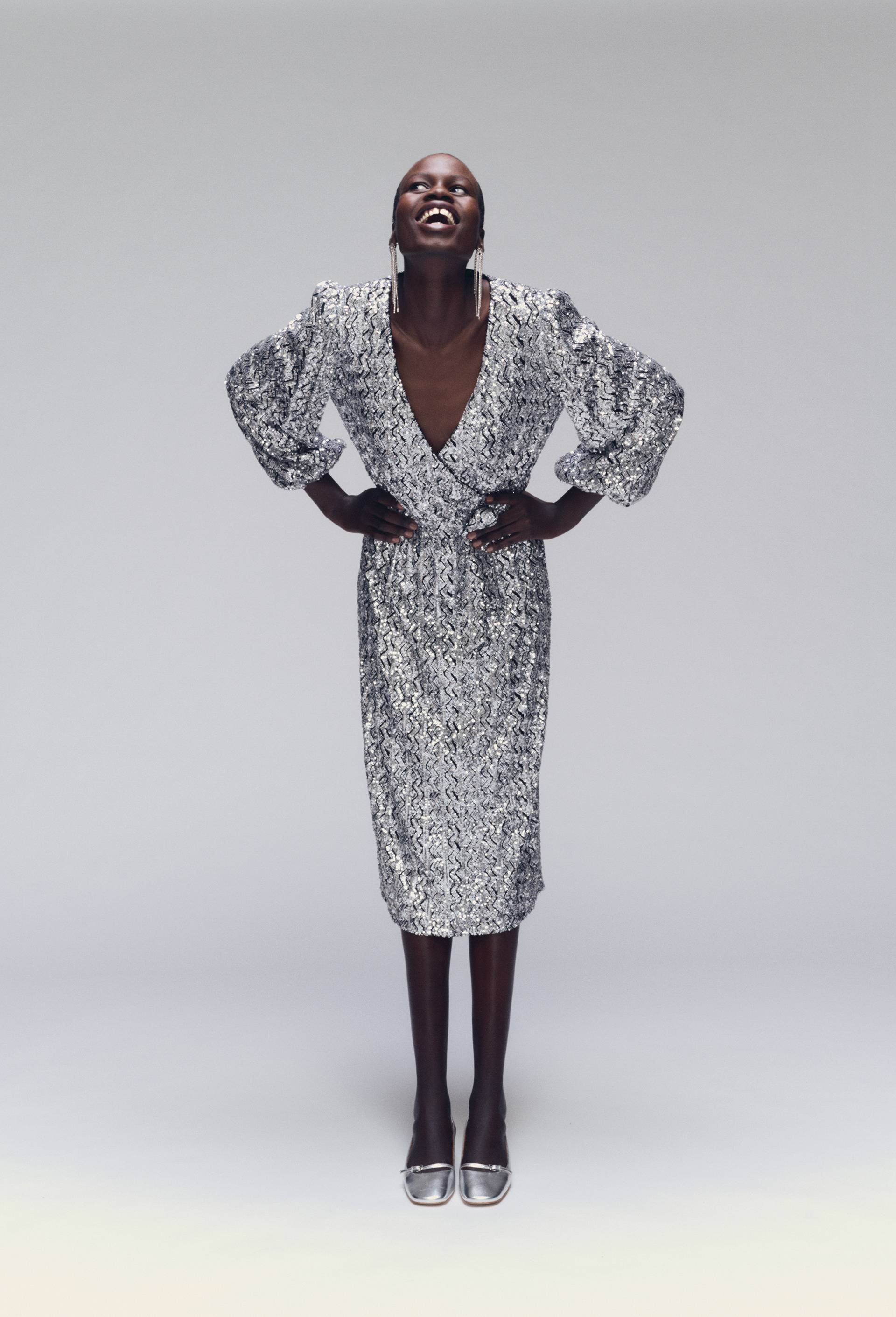 Robe longue cintr&eacute;e &agrave; sequin, Argent, large image number 1