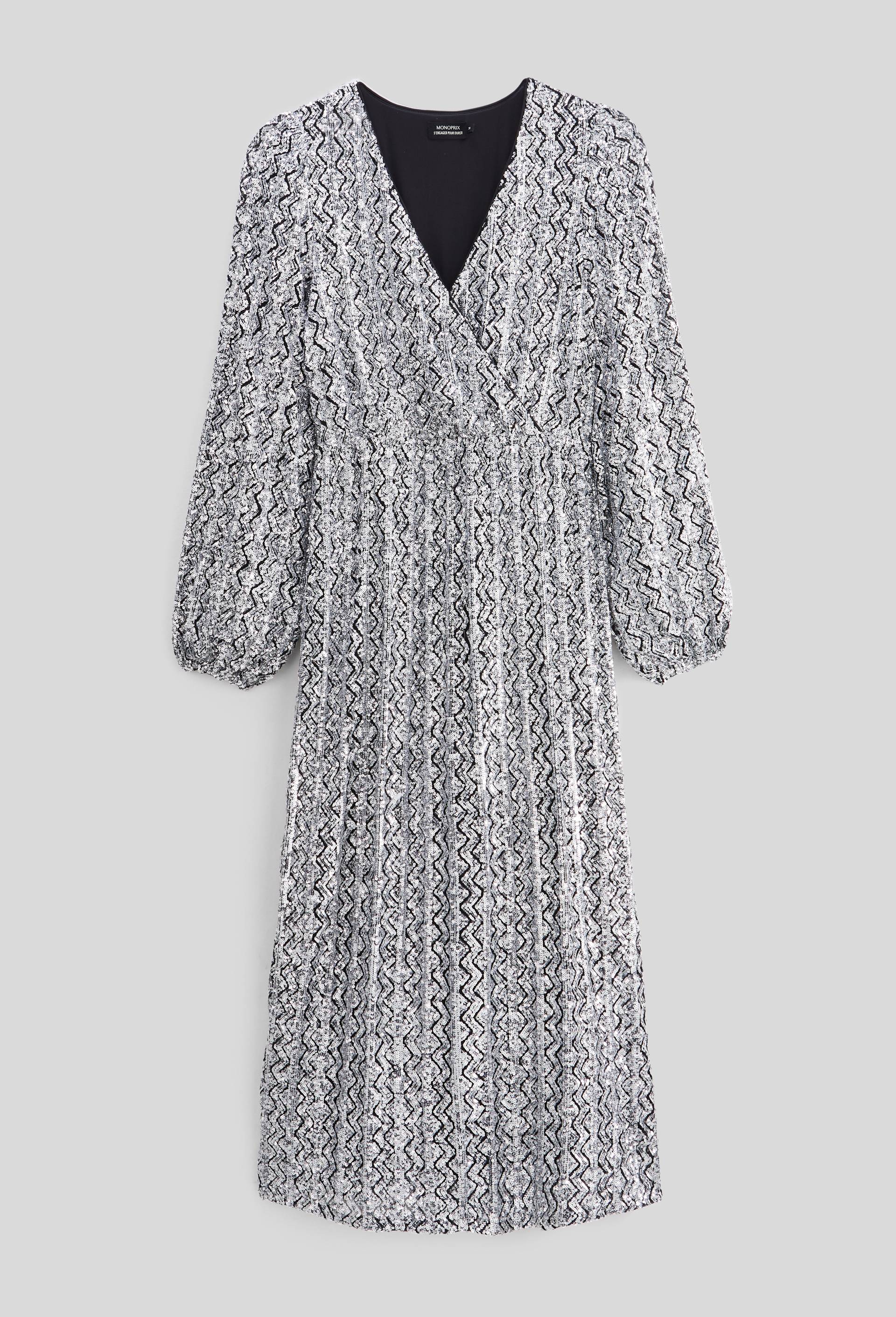 Robe longue cintr&eacute;e &agrave; sequin, Argent, large image number 5