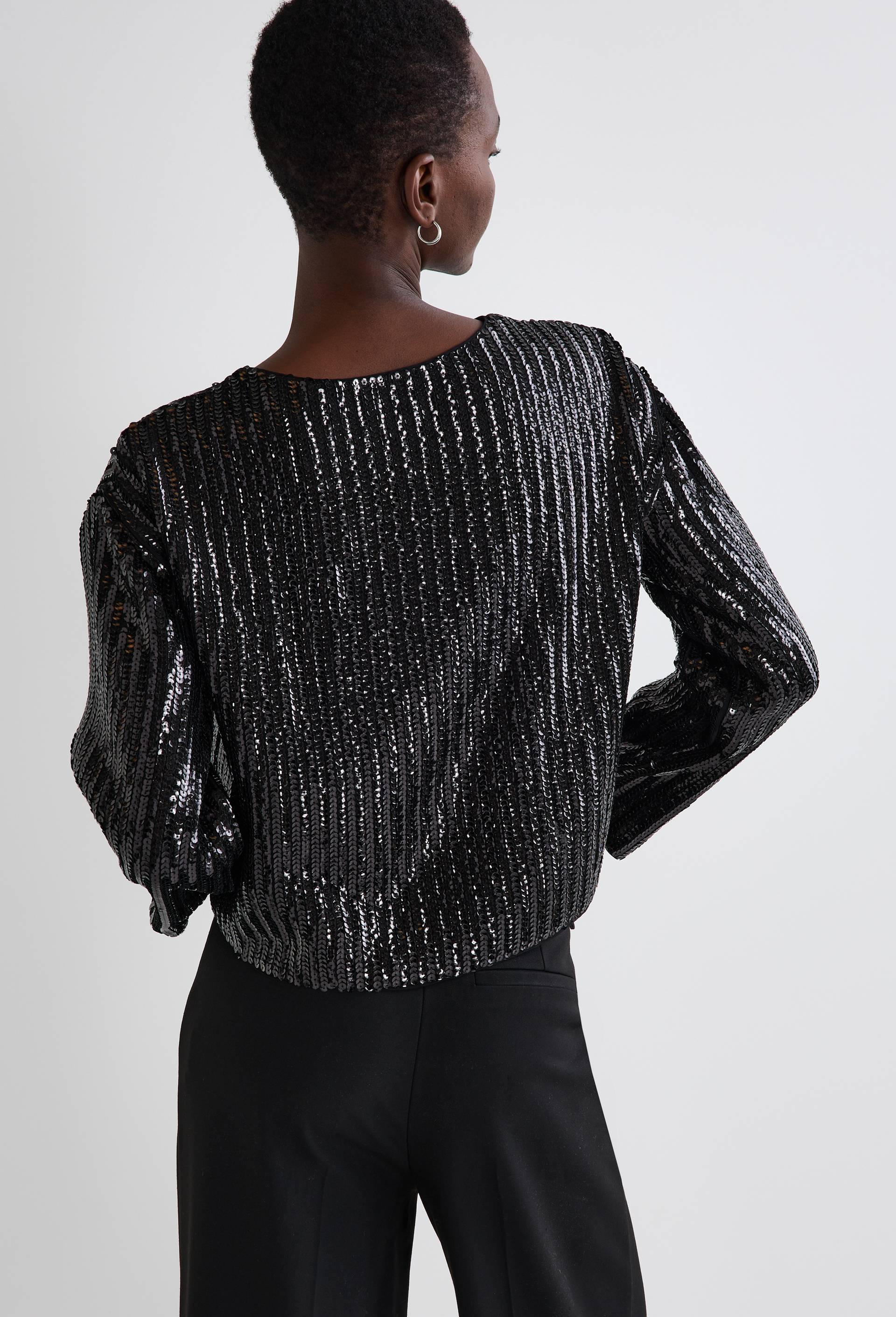 Top &agrave; sequins manches longues contenant du polyester recycl&eacute;, Noir, large image number 1.0