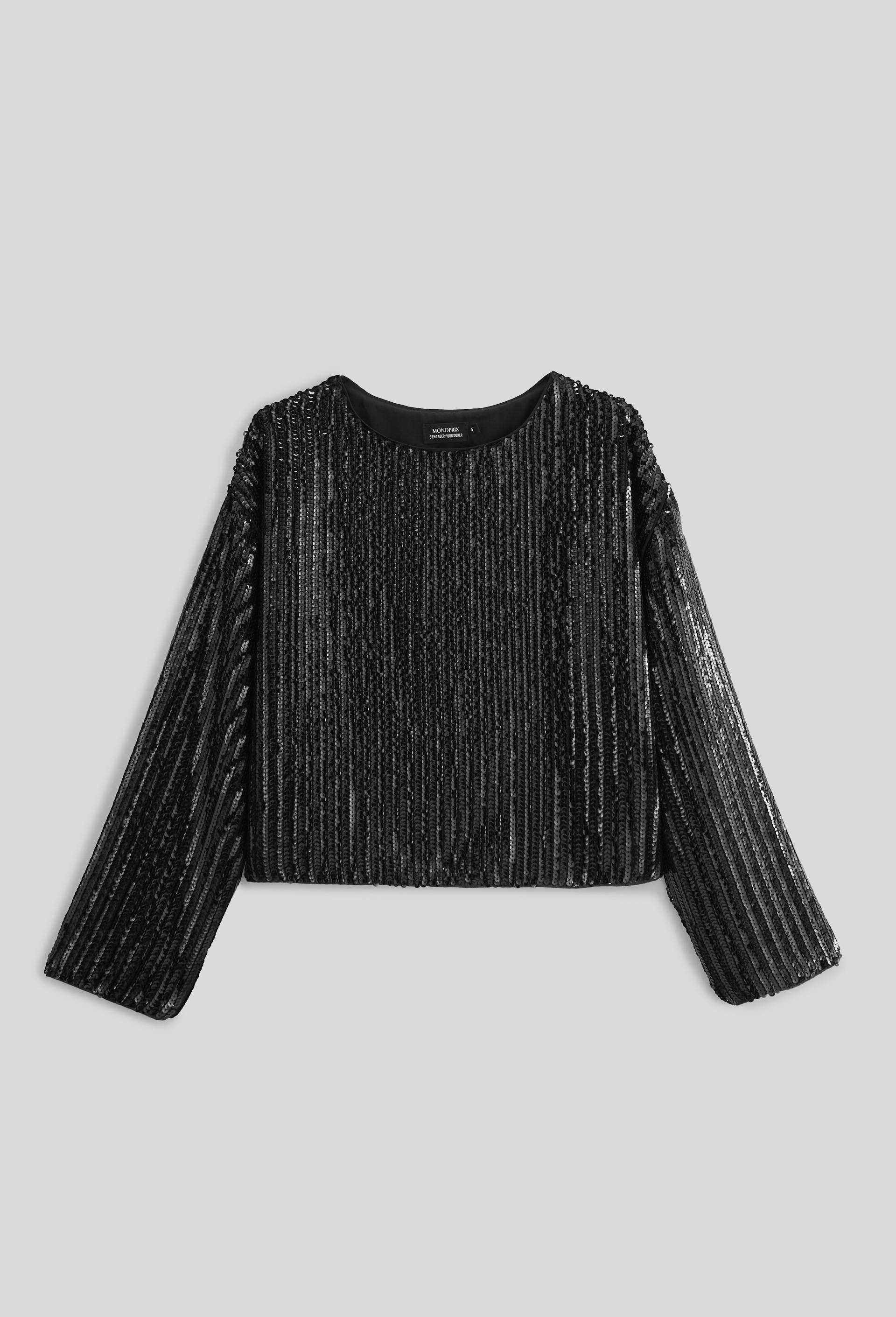 Top &agrave; sequins manches longues contenant du polyester recycl&eacute;, Noir, large image number 2.0