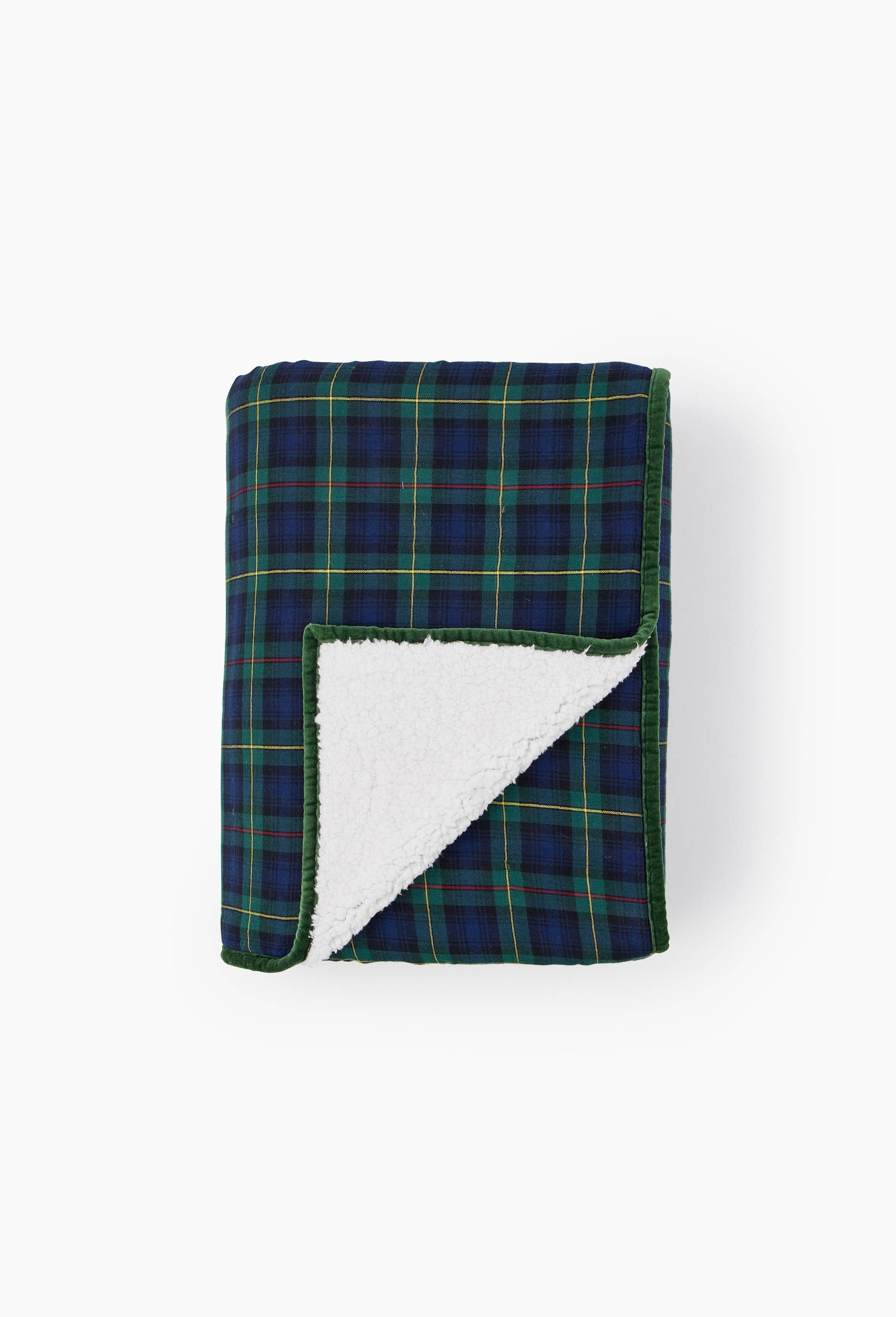 Plaid tartan doubl&eacute; sherpa, 130x170cm, coton et polyester recycl&eacute;, Vert fonc&eacute;, large image number 0