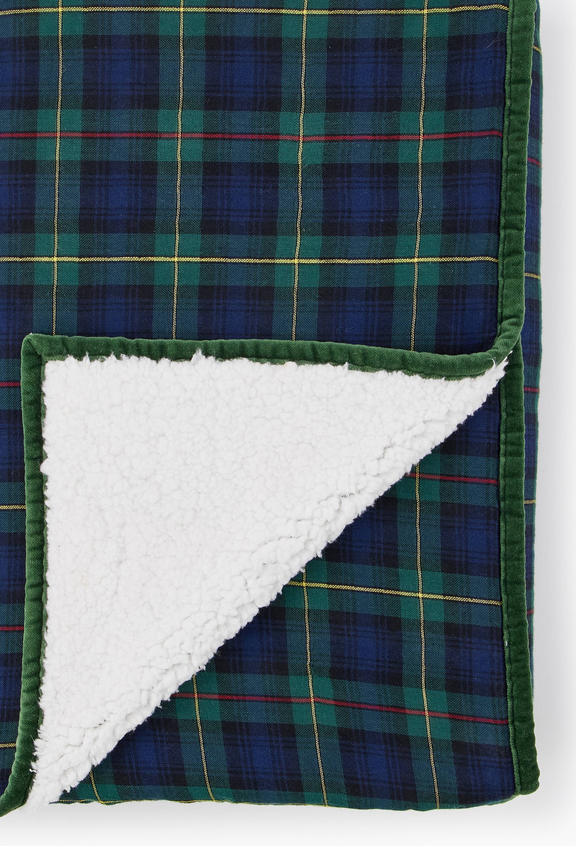 Plaid tartan doubl&eacute; sherpa, 130x170cm, coton et polyester recycl&eacute;, Vert fonc&eacute;, large image number 1