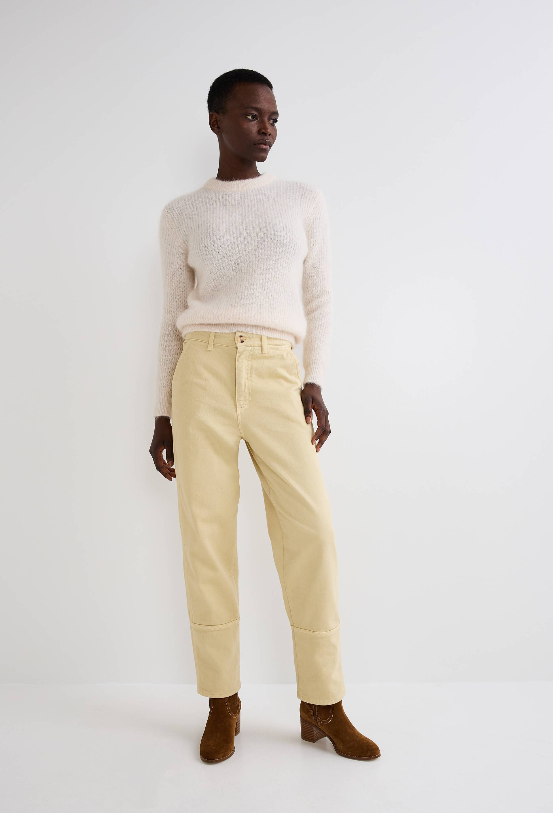 Pantalon carotte large uni en coton, Beige, large image number 0
