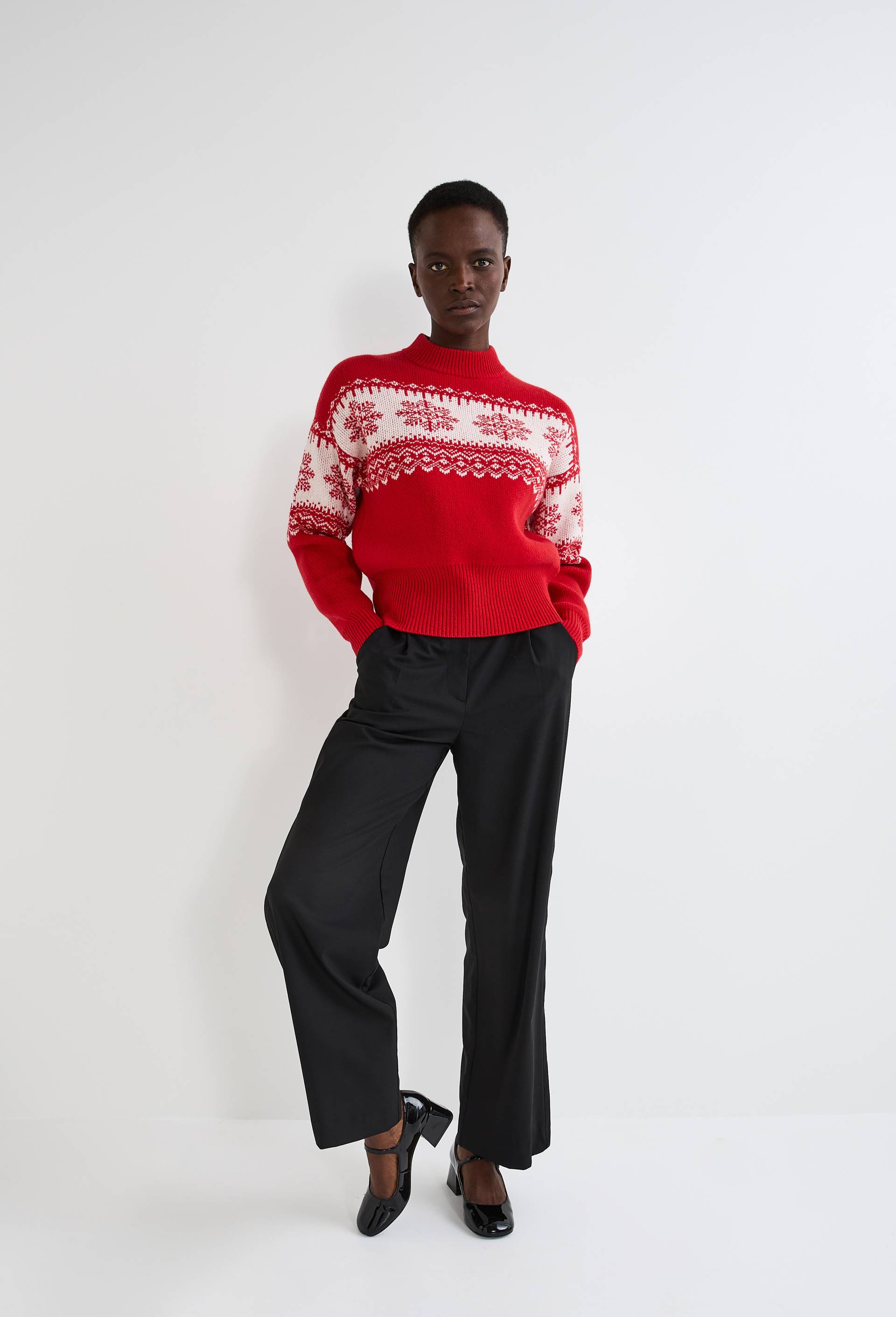 Pull jacquard fantaisie en laine, Rouge, large image number 0