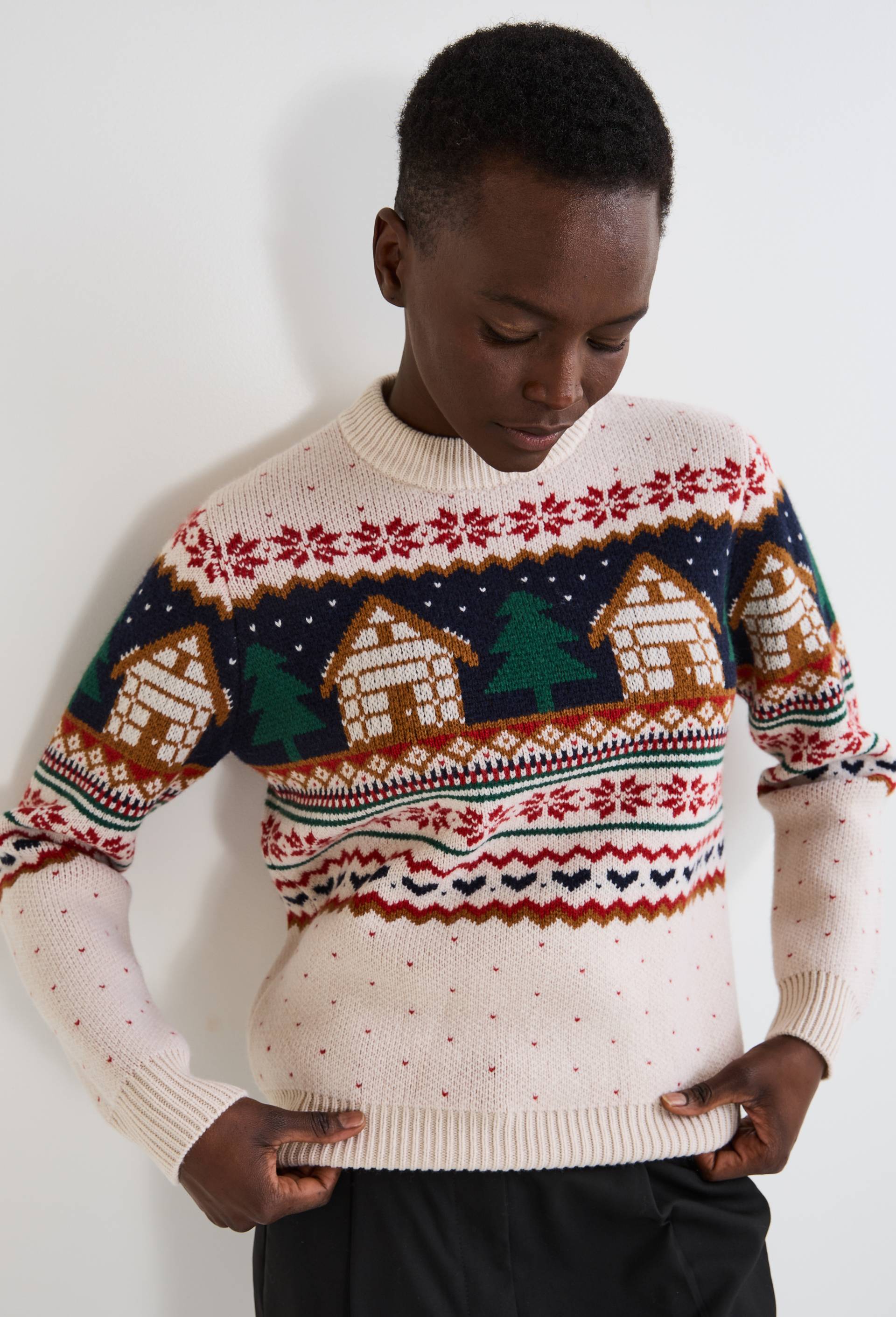 Pull jacquard fantaisie en laine, Ecru, large image number 0