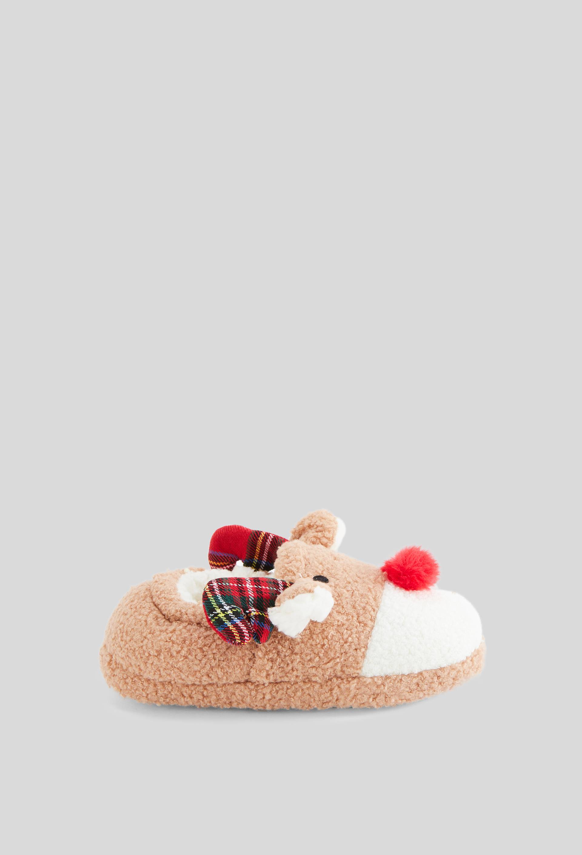 Chaussons renne de Noel en fausse fourrure, Brun clair, large image number 0