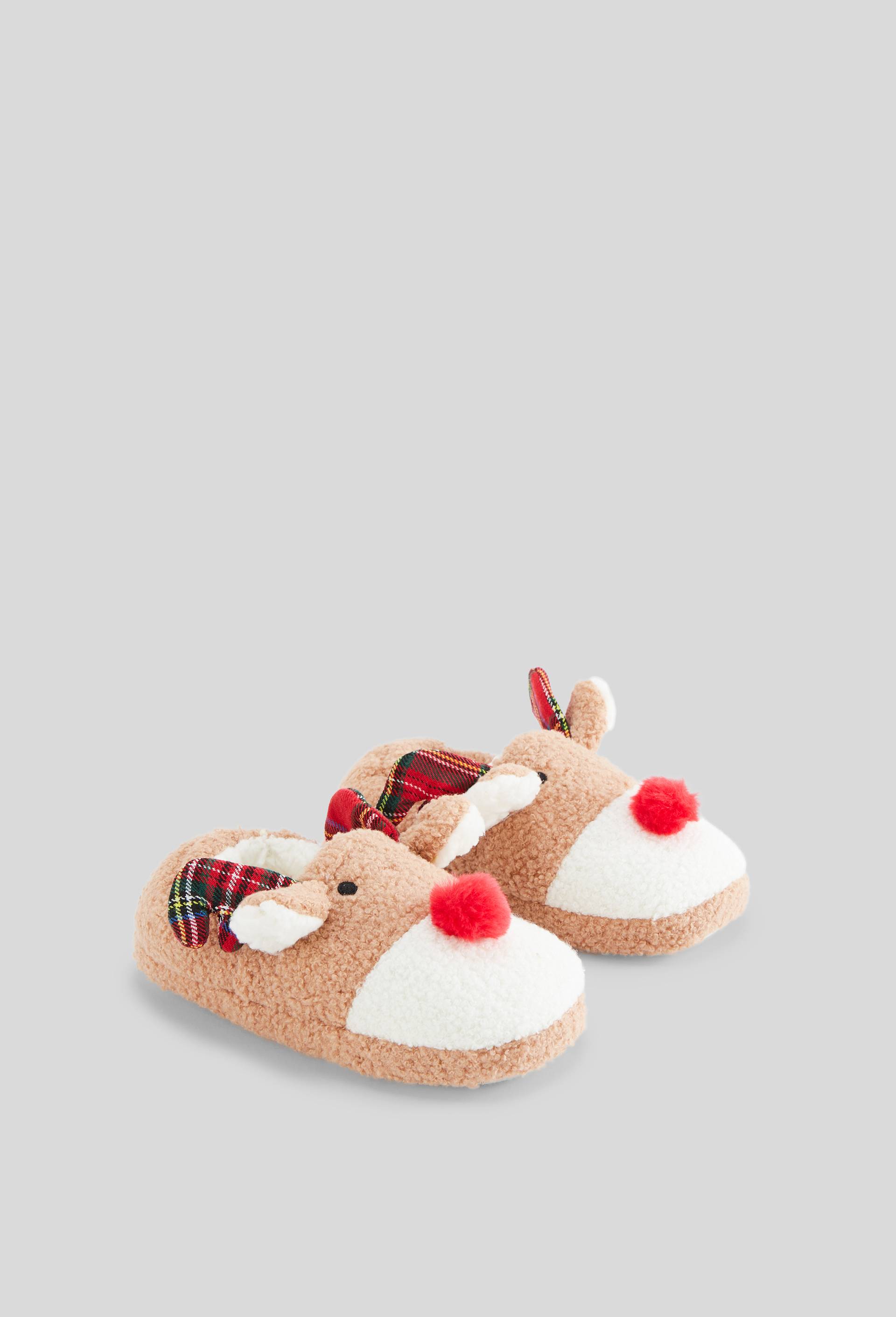 Chaussons renne de Noel en fausse fourrure, Brun clair, large image number 1