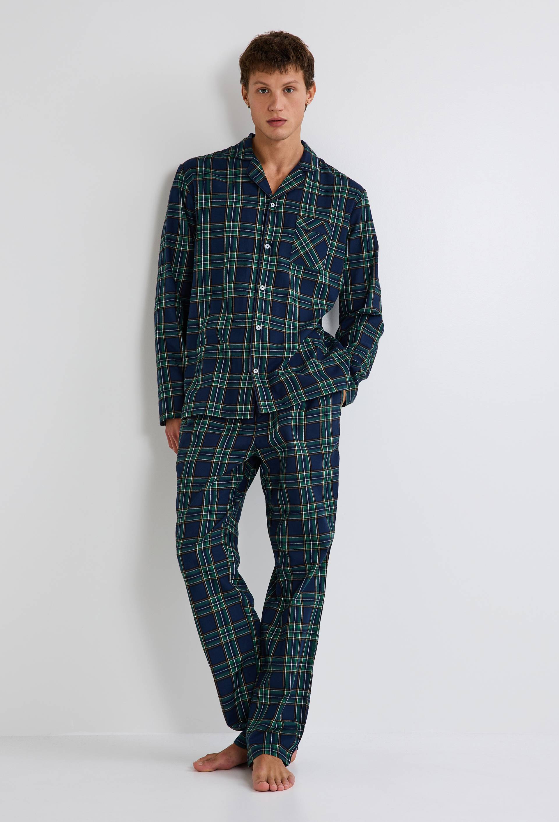 Pyjama manches longues et pantalon en flanelle de coton BIO, Bleu fonc&eacute;, large image number 0
