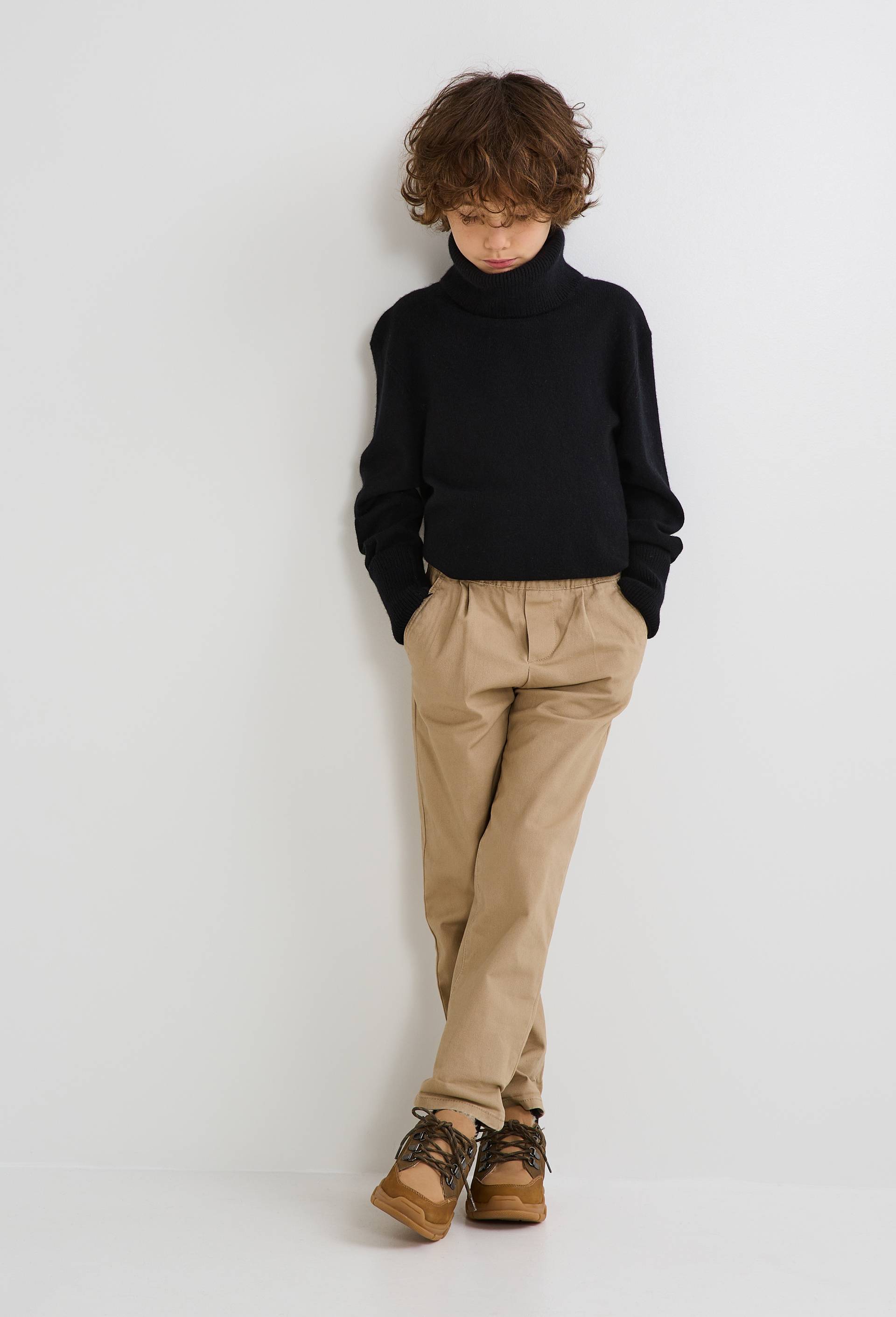 Pantalon droit &eacute;lastiqu&eacute; uni en coton, Beige, large image number 1