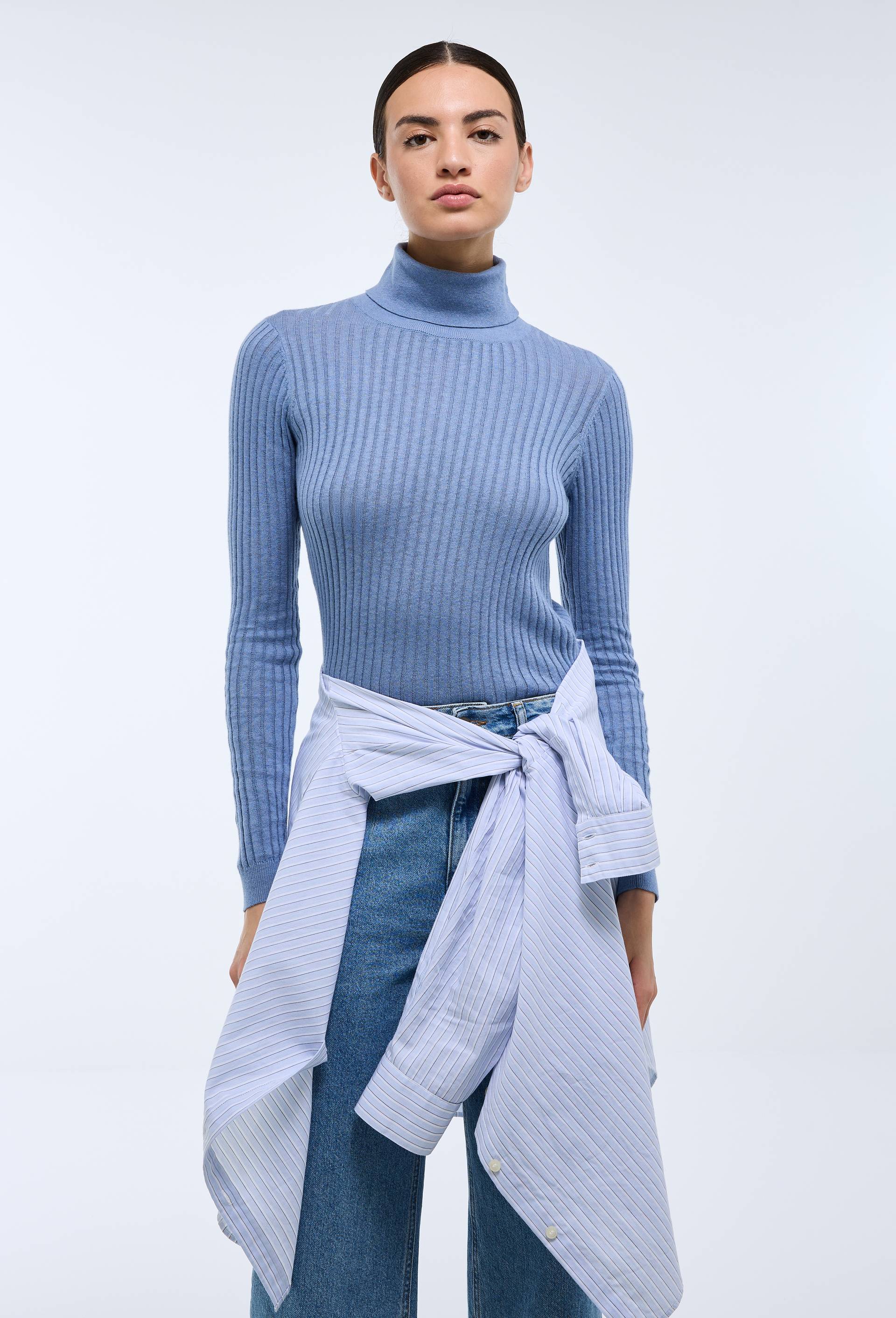 Pull col roul&eacute; &agrave; c&ocirc;tes uni en coton et cachemire m&eacute;lang&eacute;s, Bleu, swatch image