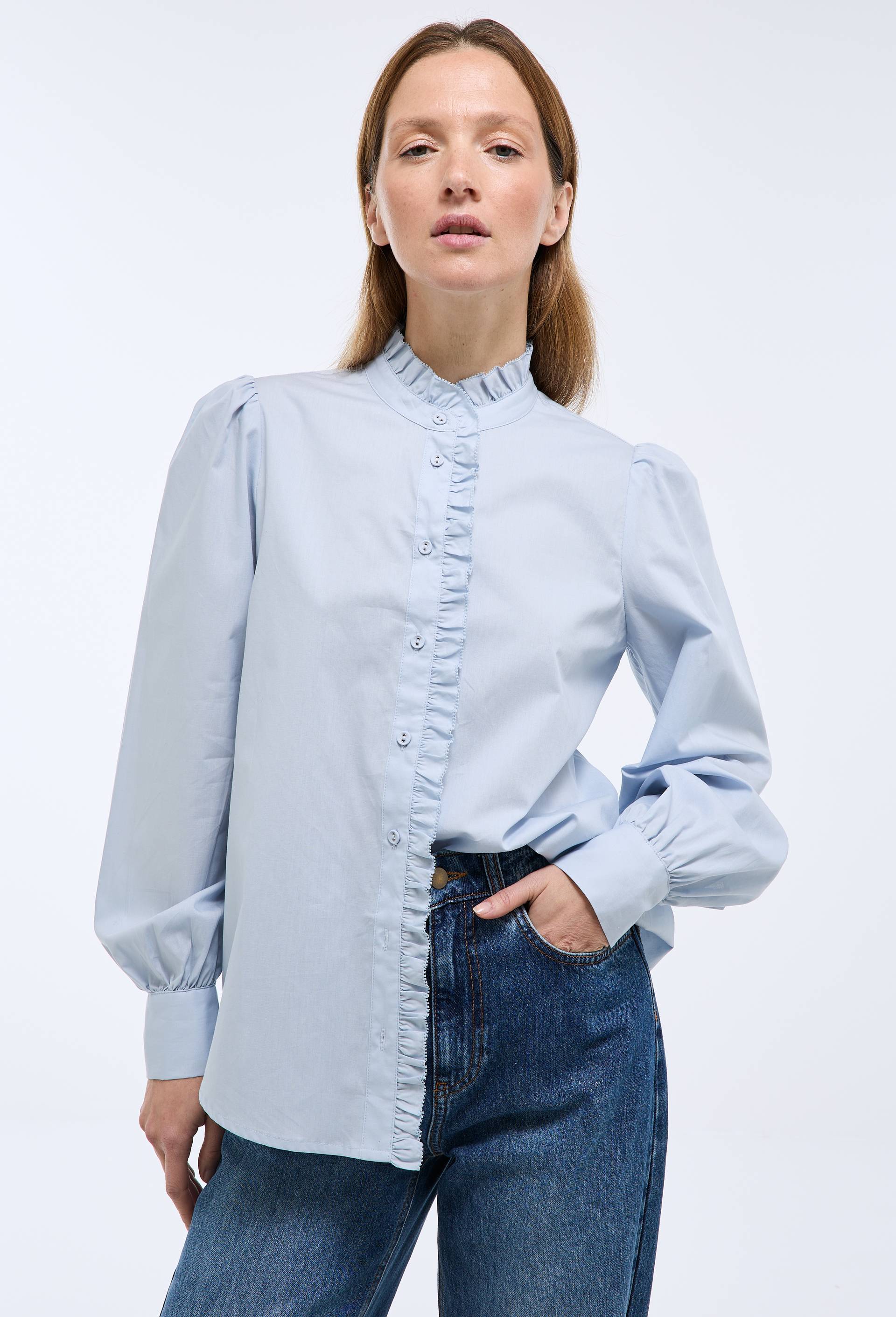 Blouse manches longues unie avec col montant en coton BIO GOTS, Bleu clair, large image number 0