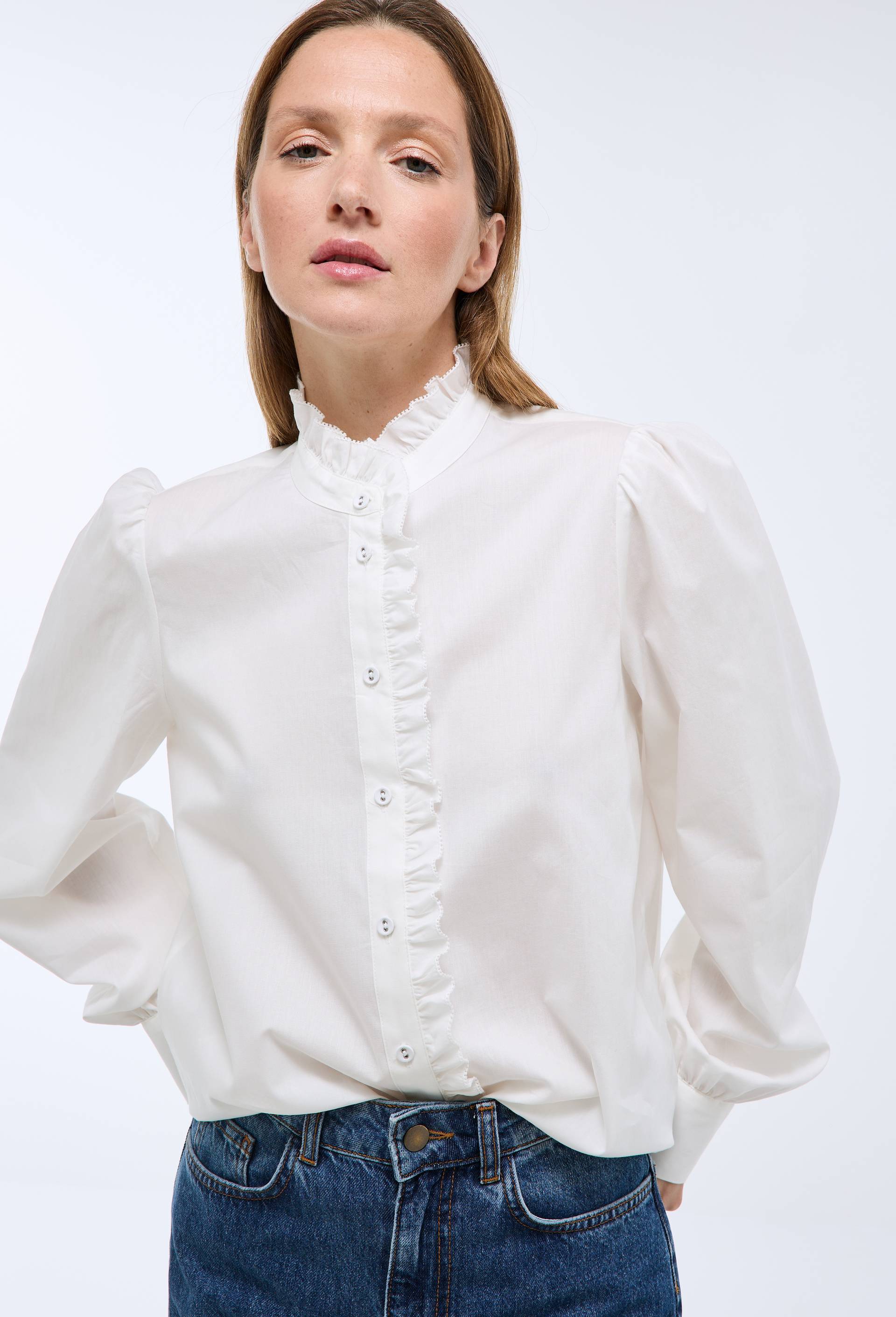 Blouse manches longues unie avec col montant en coton BIO GOTS, Ecru, large image number 0