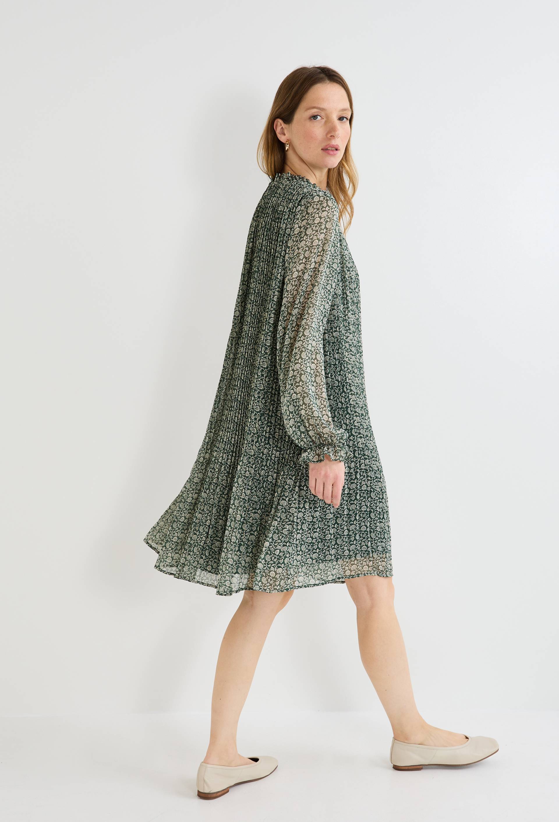 Robe courte plissée imprimée, Vert foncé, large image number 1
