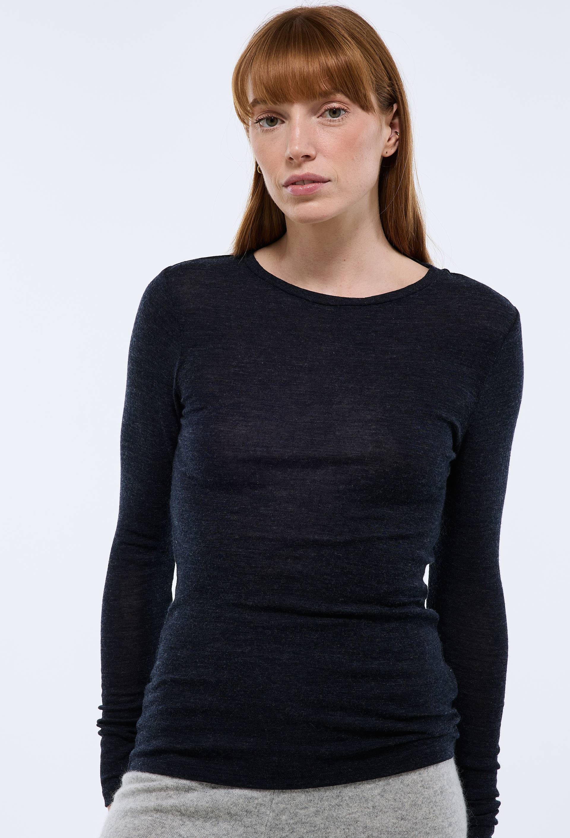 T-shirt manches longues en laine m&eacute;rinos, Bleu fonc&eacute;, swatch image