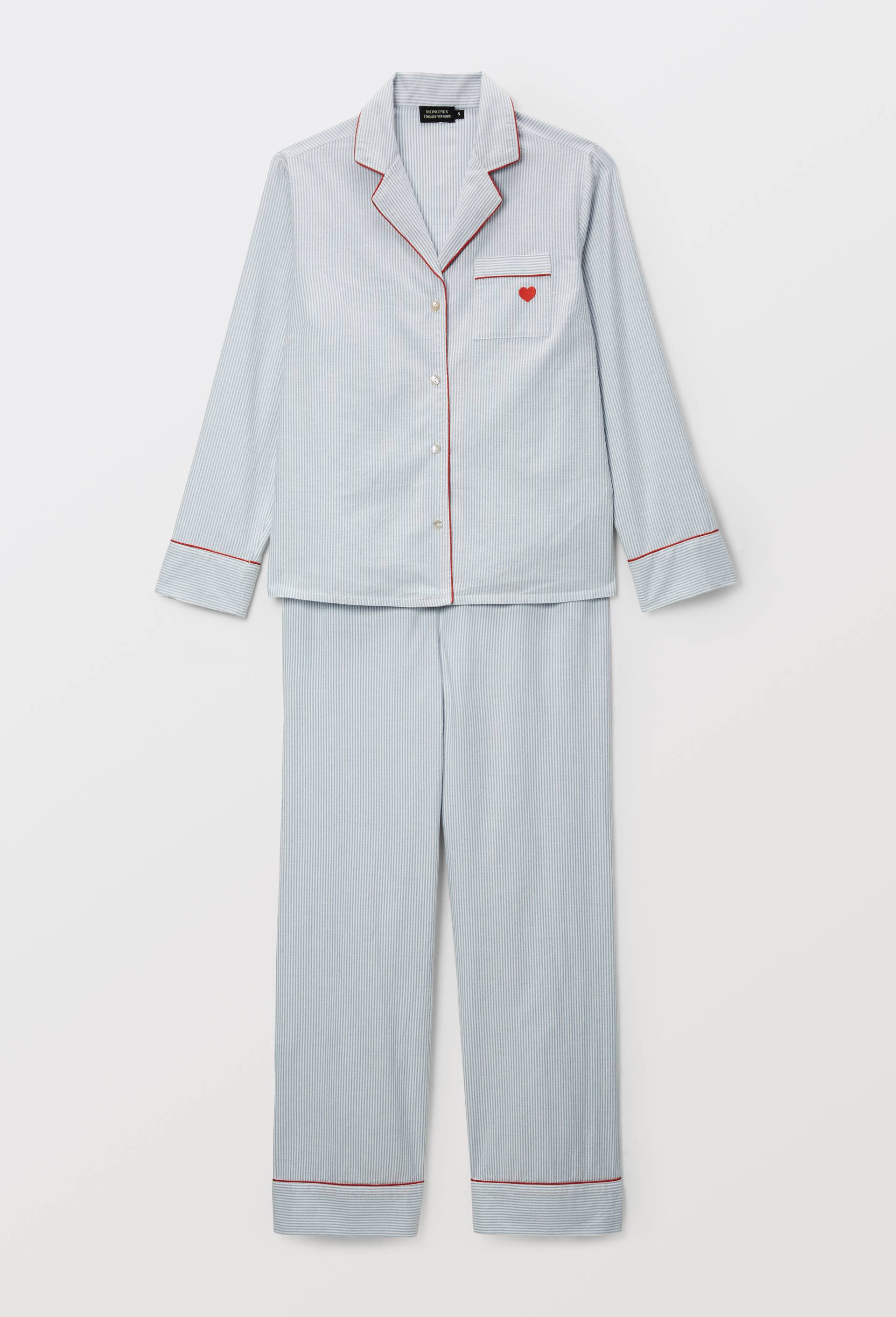 Pyjama ray&eacute; en flanelle de coton BIO et broderie coeur, Bleu, large image number 2