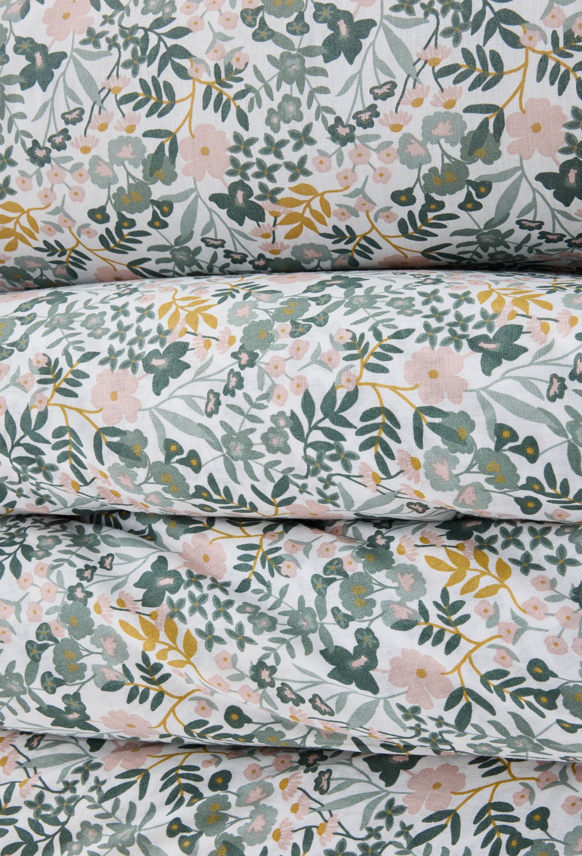 Lot housse de couette et taie carr&eacute;e 63x63cm imprim&eacute;, 100% coton bio, 52 fils HC finition boutons, Vert clair, large image number 1