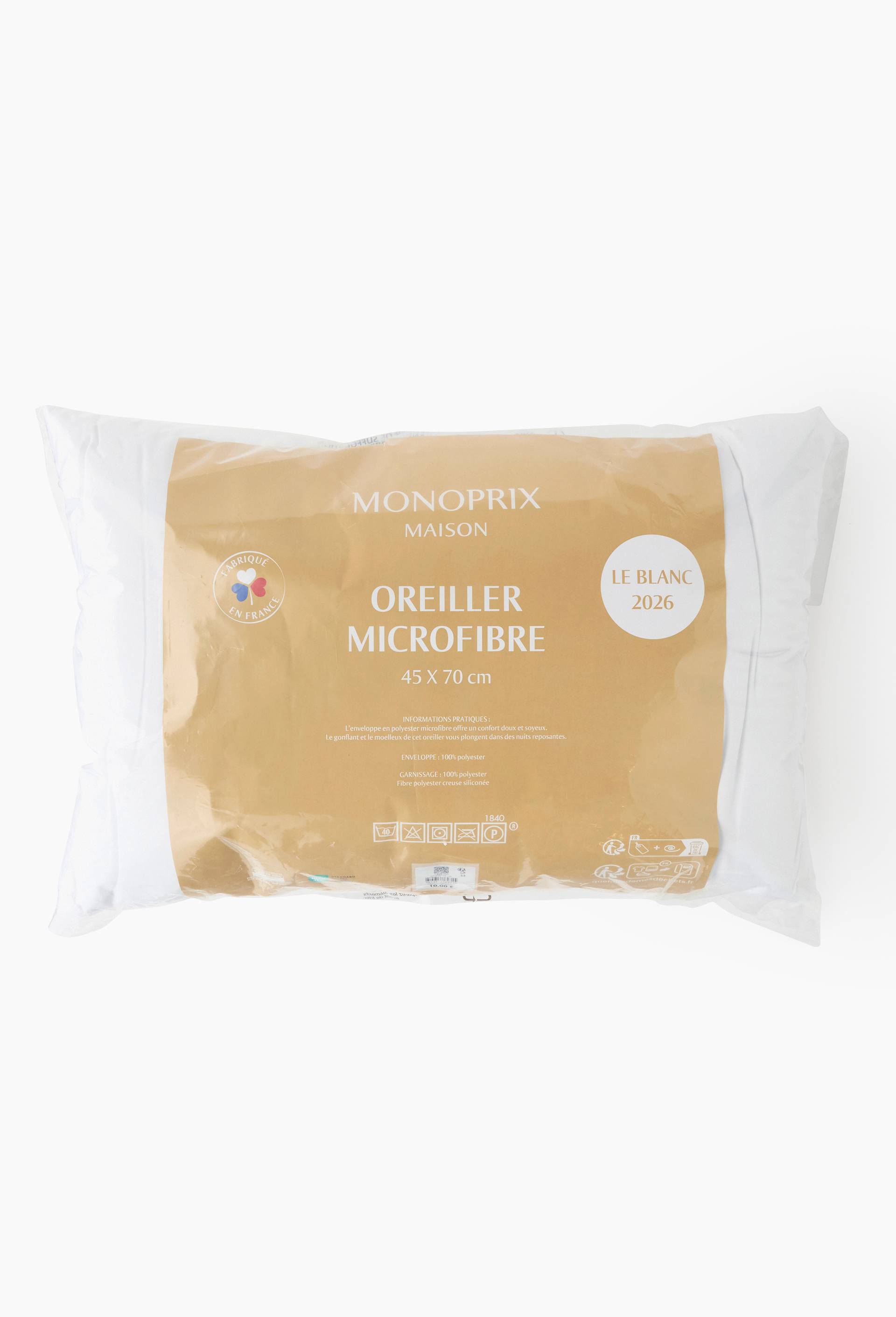 Oreiller microfibre 650g,  Enveloppe microfibre 100% polyester, garnissage 100% polyester silicon&eacute; creux., Blanc, large image number 2.0