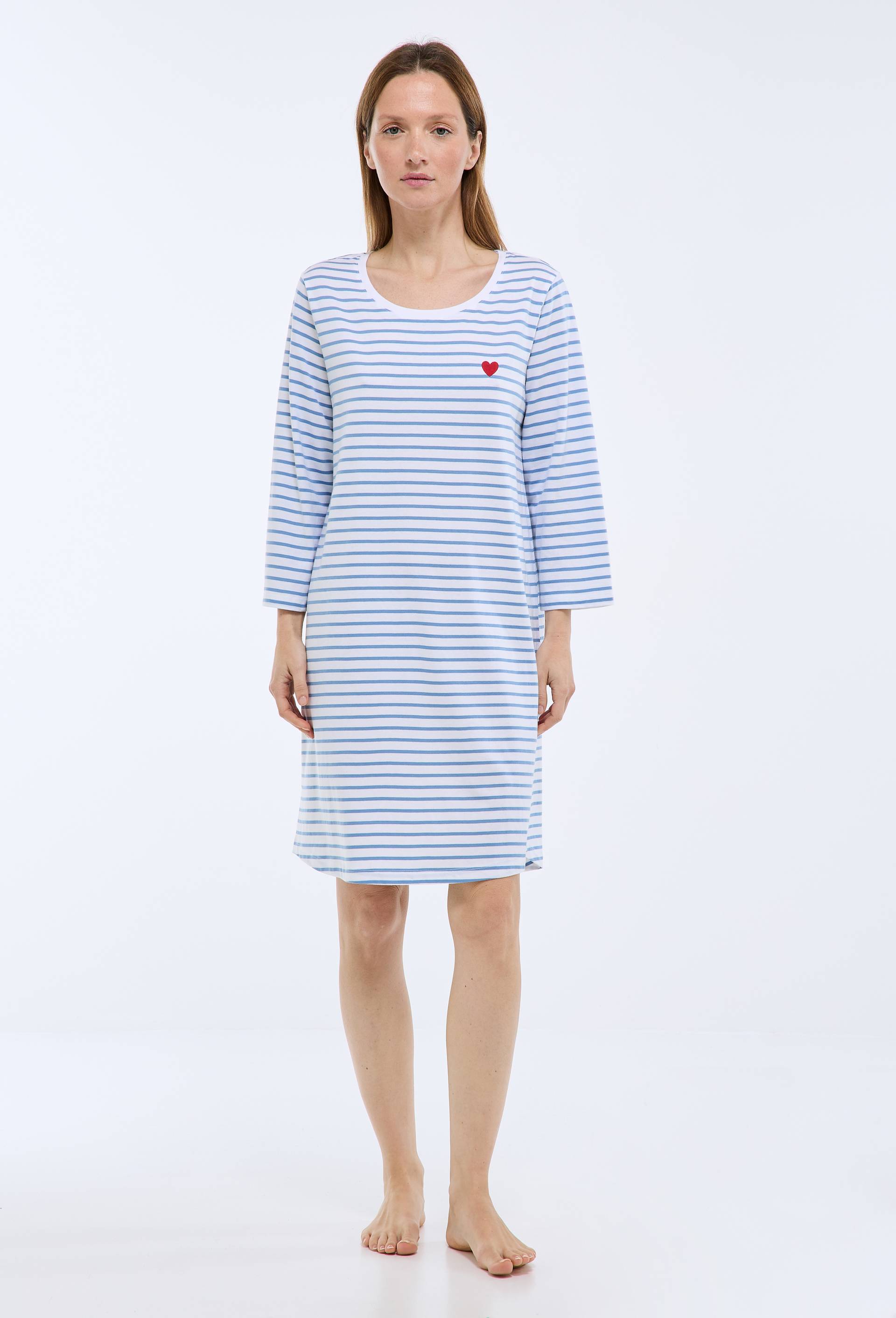 Chemise de nuit ray&eacute;e avec broderie coeur en coton BIO, Bleu, large image number 0.0
