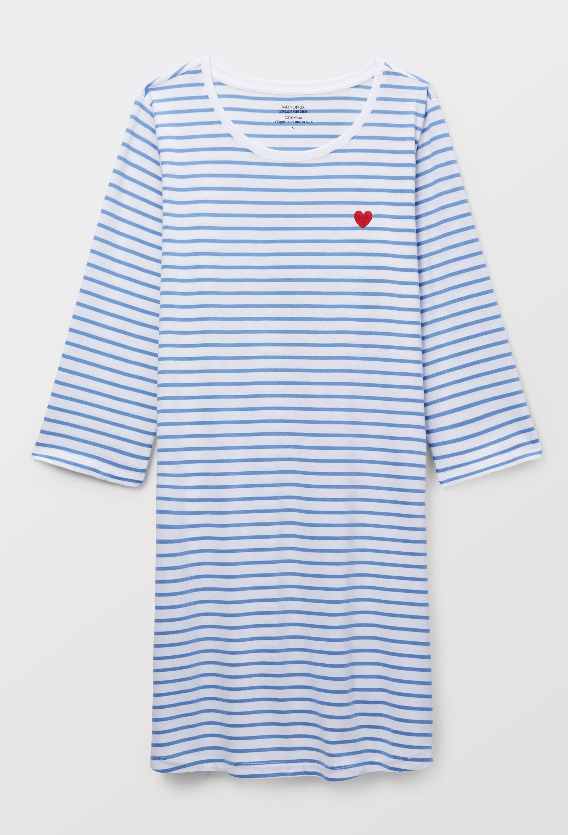 Chemise de nuit ray&eacute;e avec broderie coeur en coton BIO, Bleu, large image number 3.0