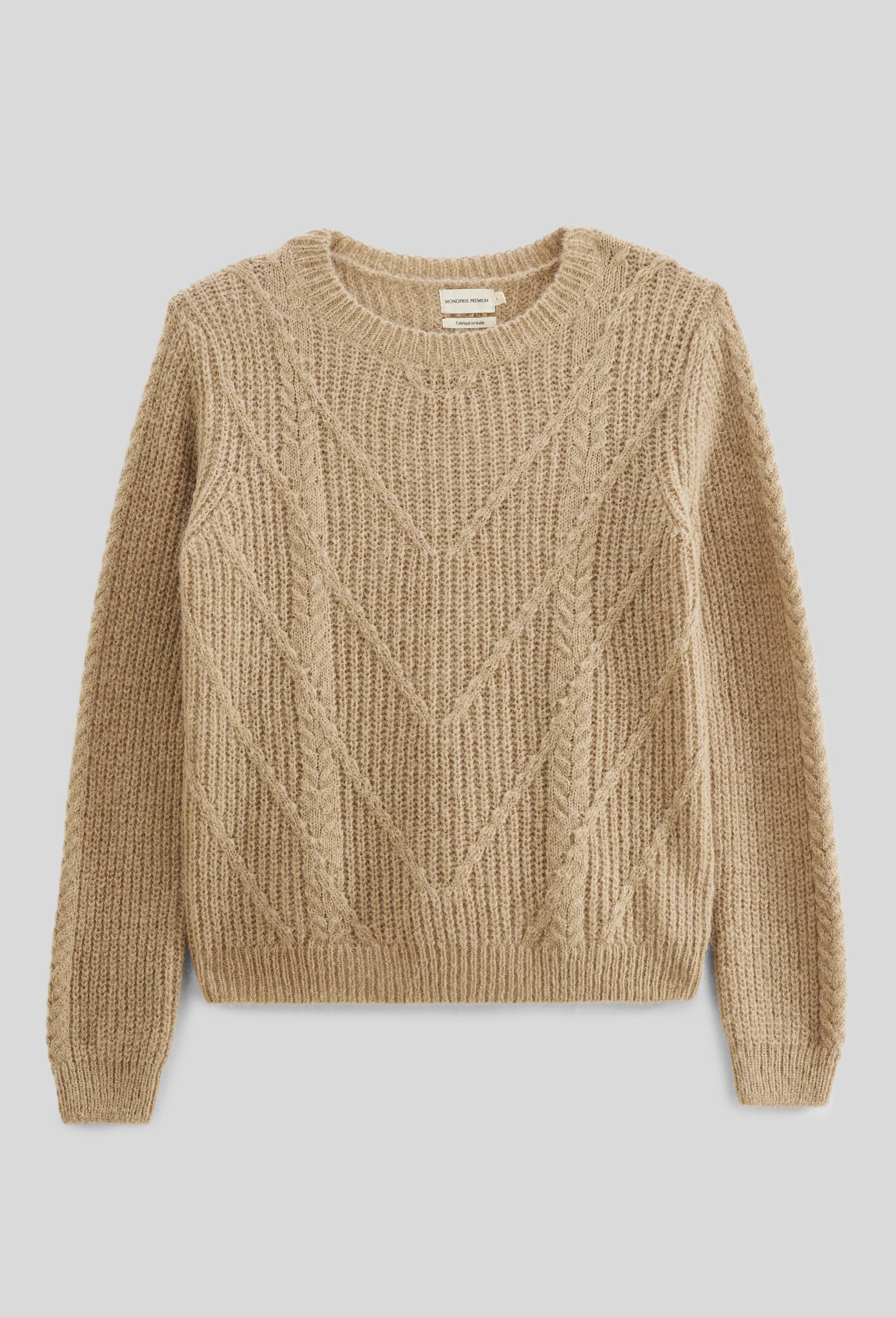 Pull col rond uni avec torsades, contenant de l'alpaga, Beige, large image number 2.0