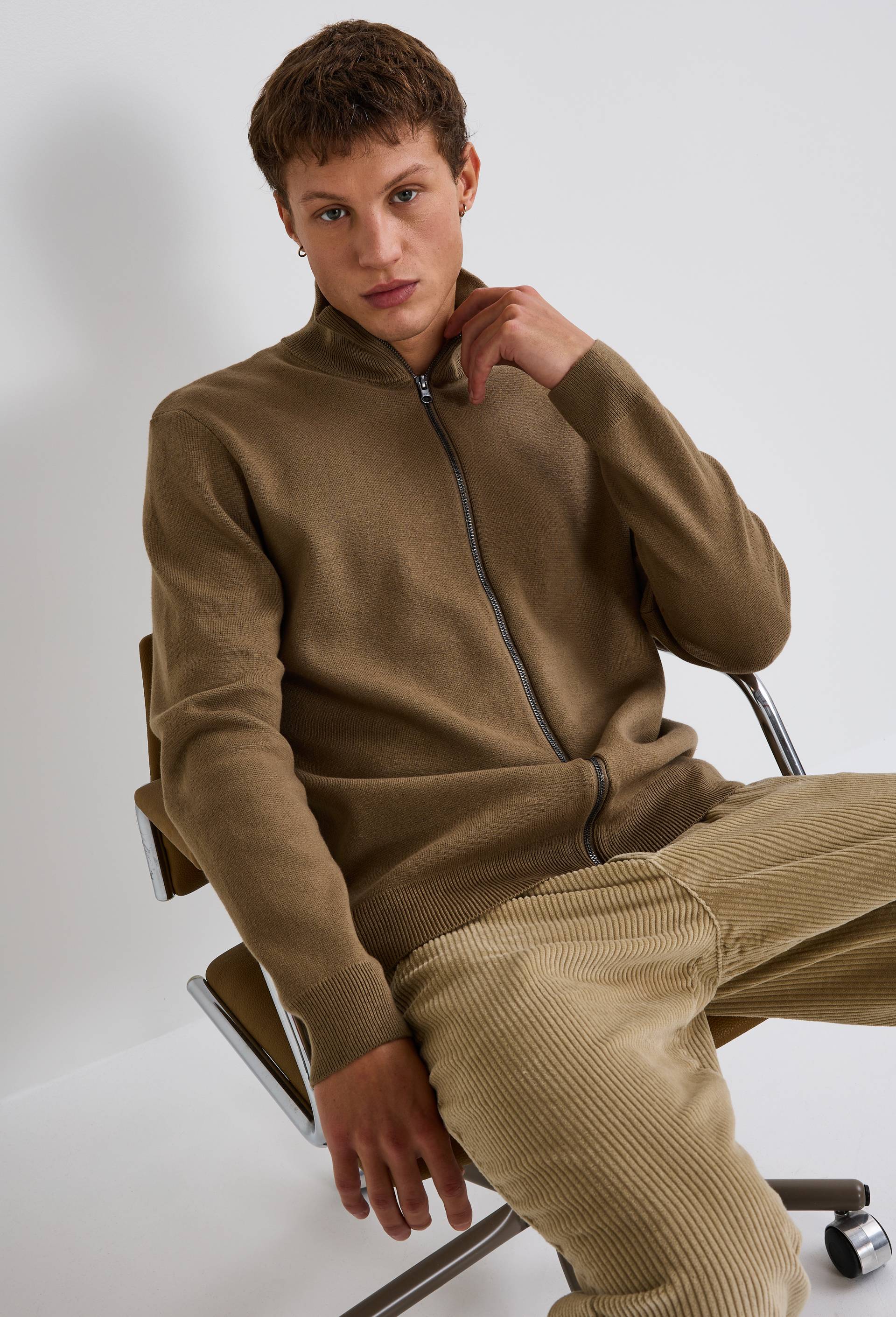 Gilet col montant zippé en mélange coton et cachemire VERT FONCE