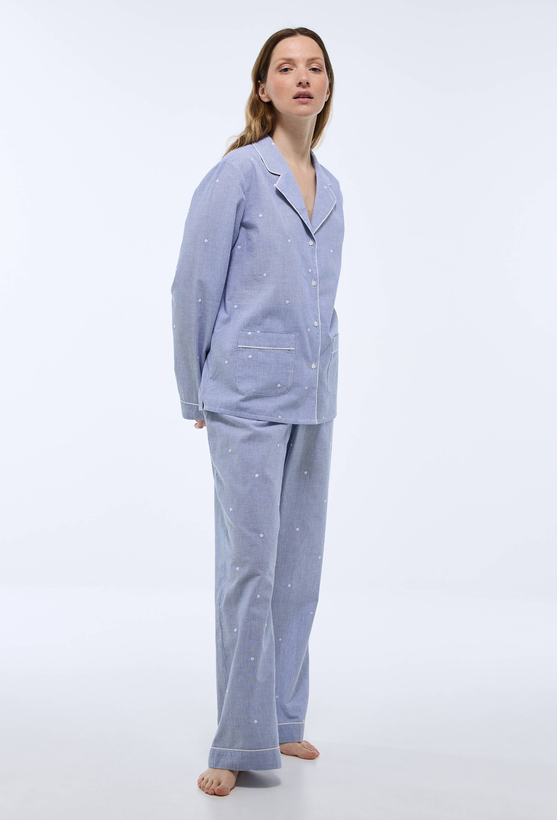 Pyjama long &agrave; rayures et pois brod&eacute;s en coton BIO, Bleu clair, swatch image