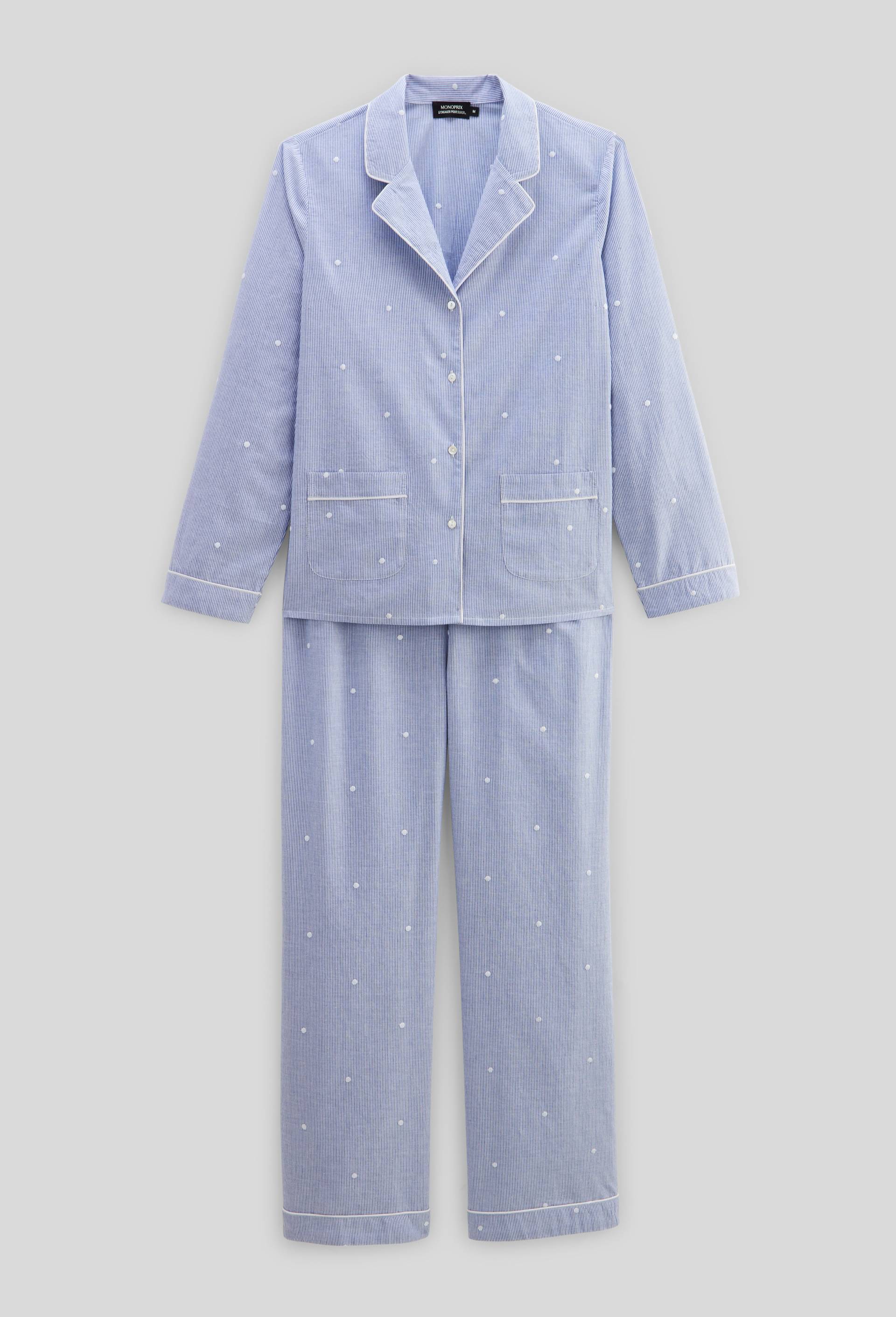 Pyjama long &agrave; rayures et pois brod&eacute;s en coton BIO, Bleu clair, large image number 2