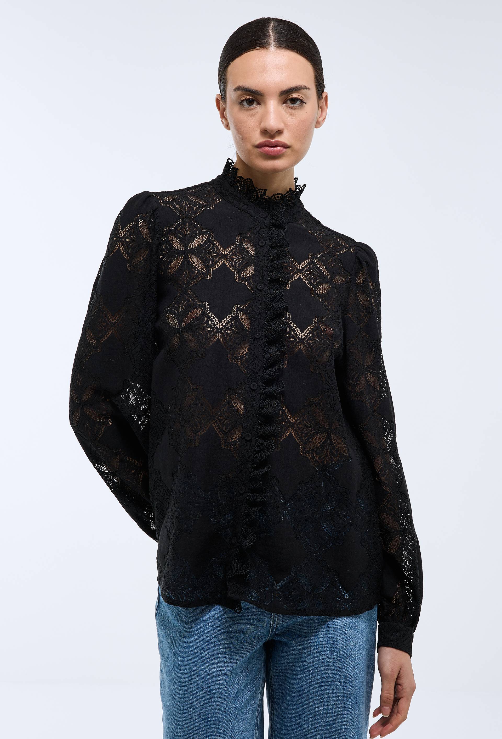Blouse manches longues en dentelle contenant du coton, Noir, large image number 0