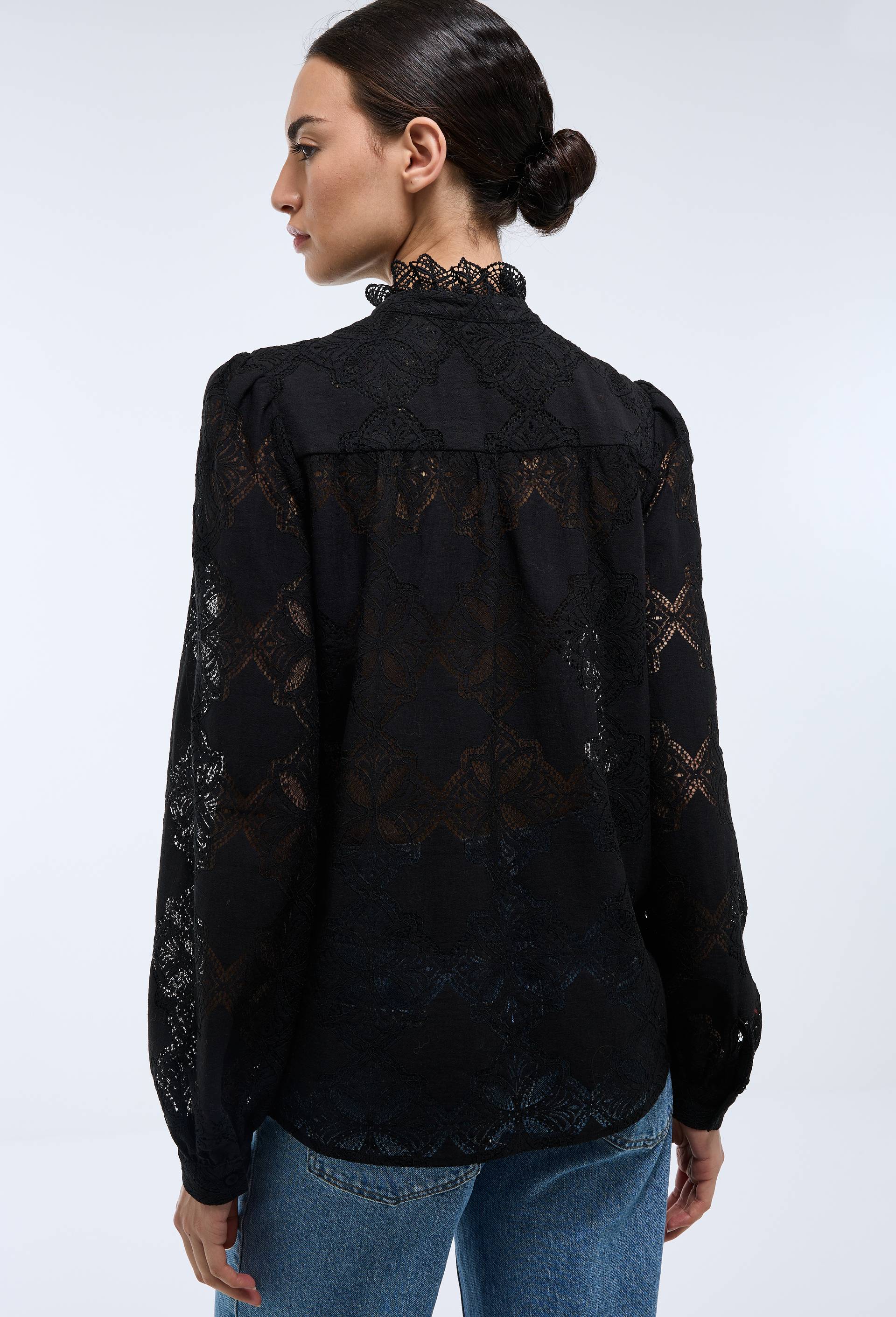 Blouse manches longues en dentelle contenant du coton, Noir, large image number 1.0
