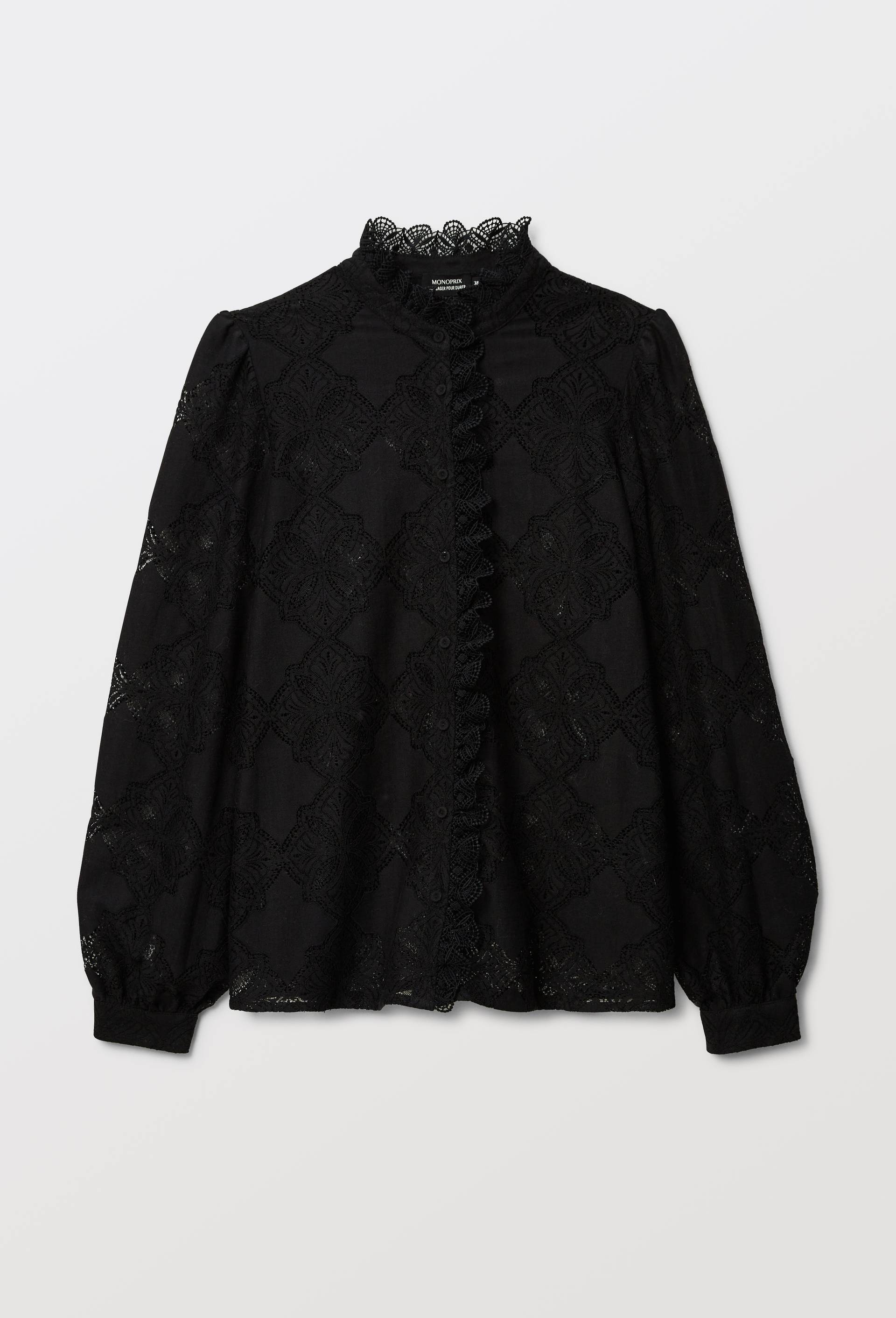 Blouse manches longues en dentelle contenant du coton, Noir, large image number 2