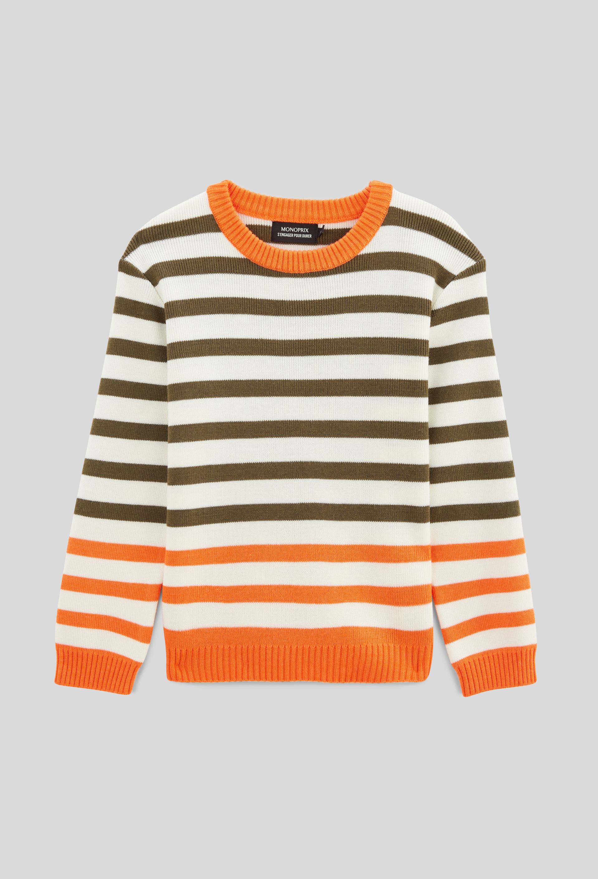 Pull ray&eacute; bicolore contenant laine, Orange, large image number 3