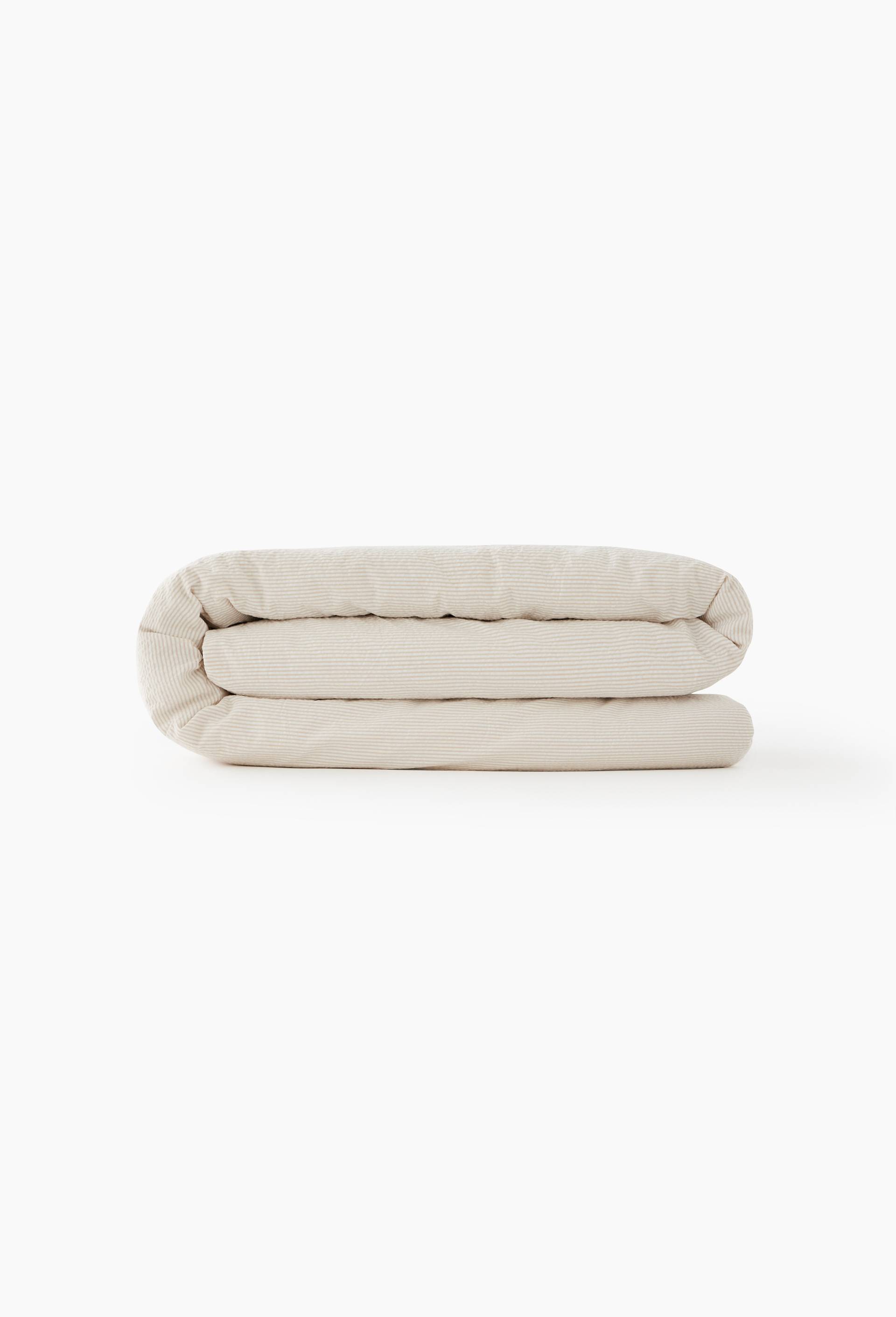 Housse de couette ray&eacute; seersucker , percale de coton bio GOTS, Brun clair, large image number 0.0