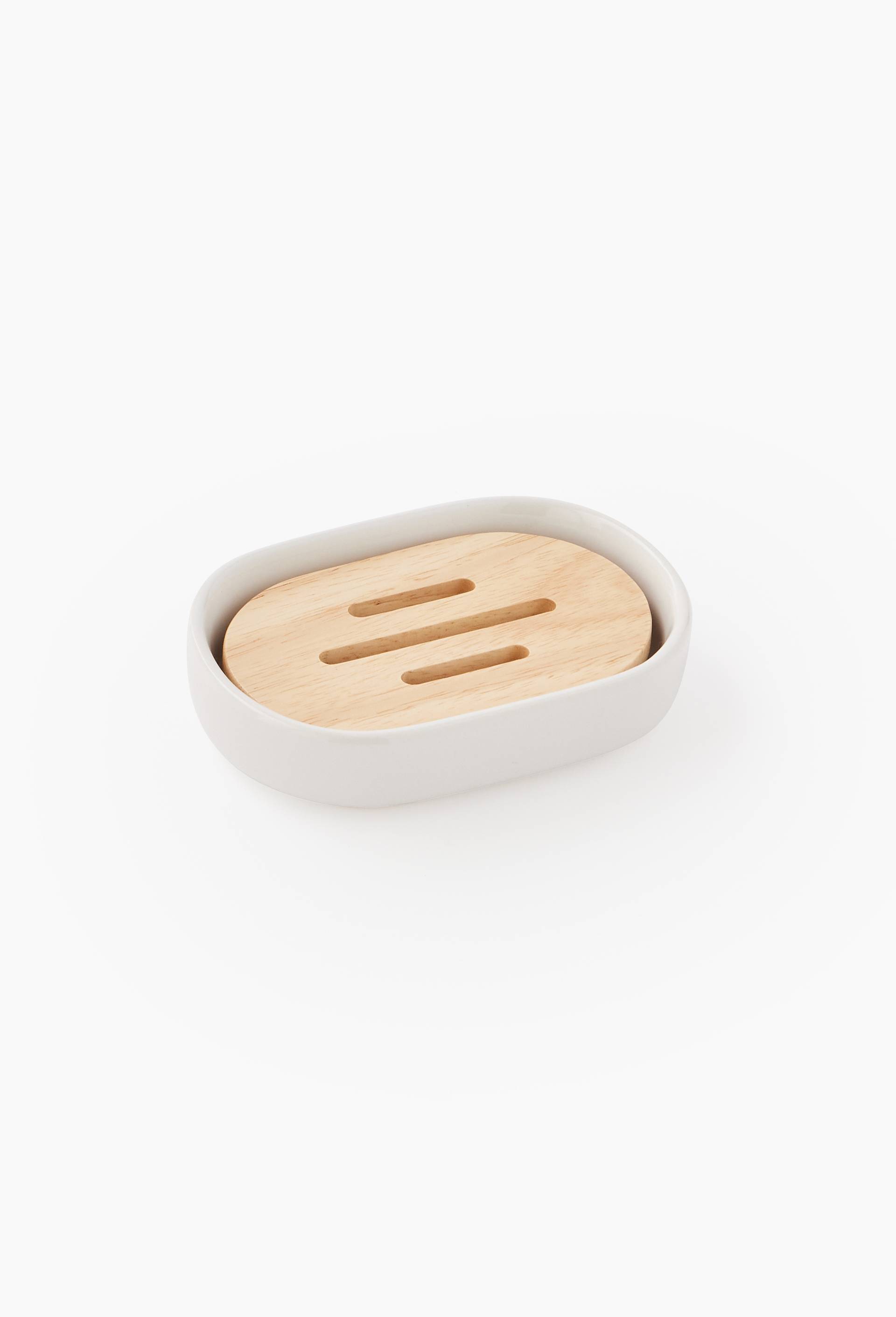 Porte savon en c&eacute;ramique et bois, 2,6x12,7x8,7cm, Blanc, large image number 0.0