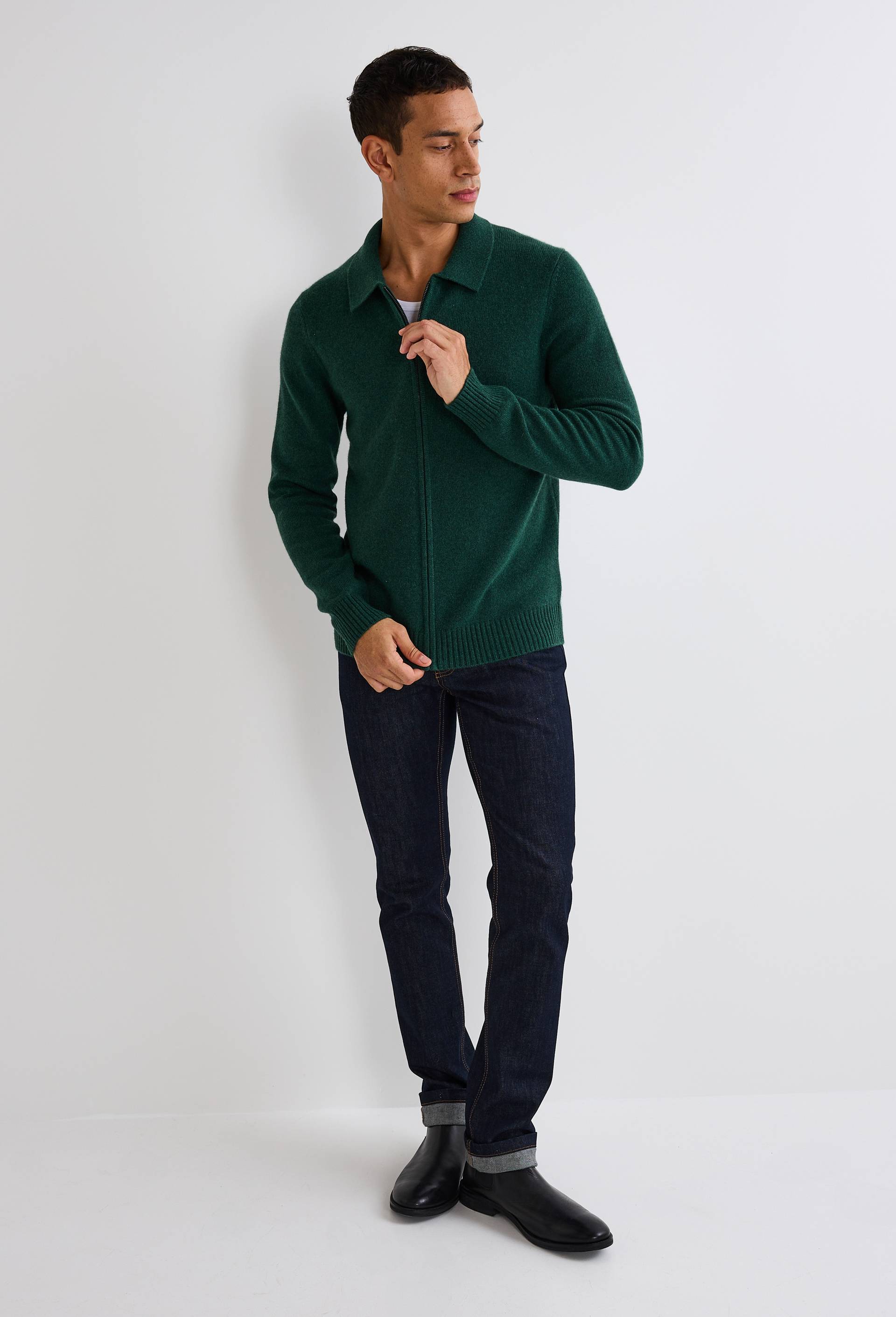 Gilet zipp&eacute; col polo en cachemire, Vert fonc&eacute;, large image number 1